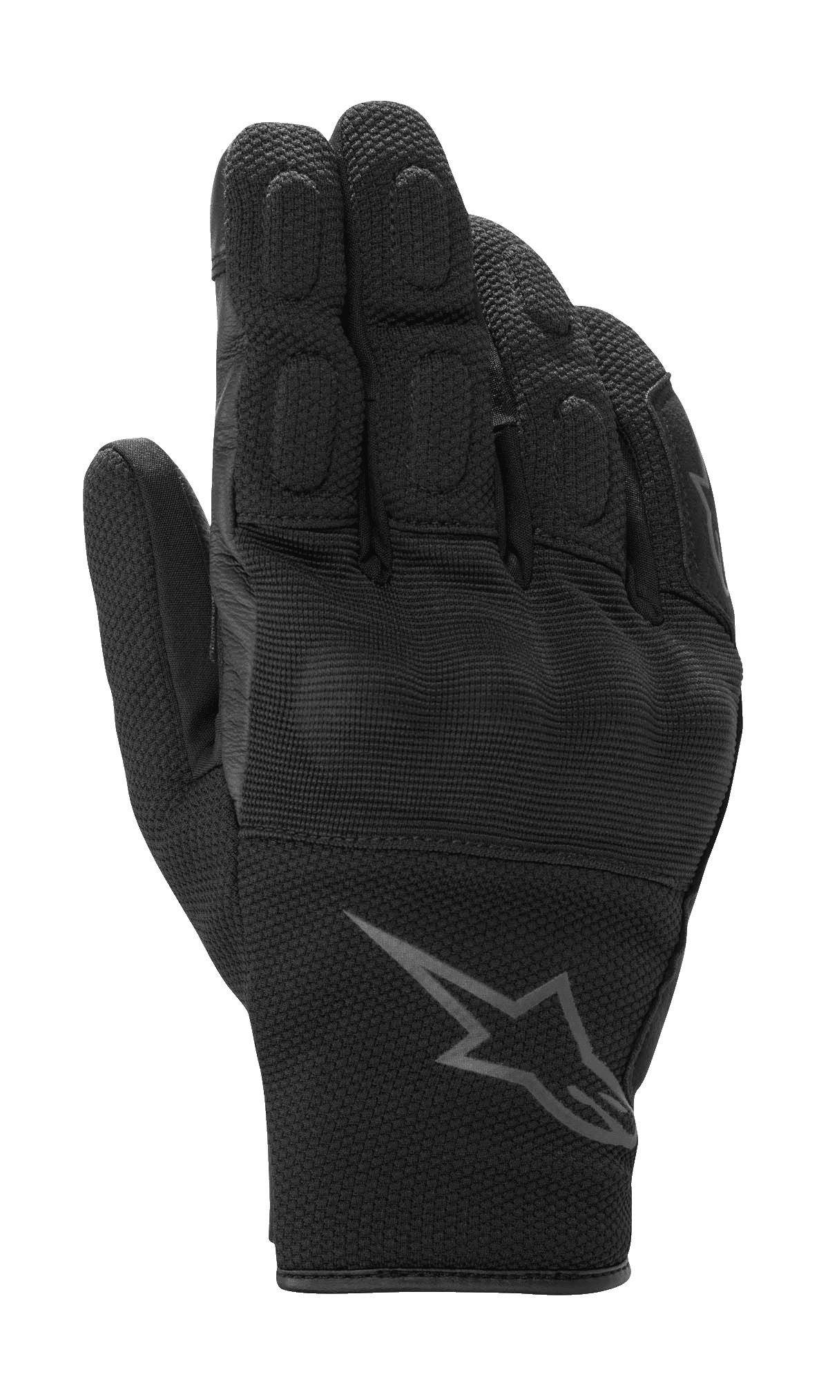 Alpinestars S-Max Drystar Gloves, Motorcycle Sport Gloves, Black Anthracite, featuring covered hard knuckle protection and padded fingers, textured mesh and leather construction, short cuff design with Alpinestars logo, waterproof and breathable for road riding