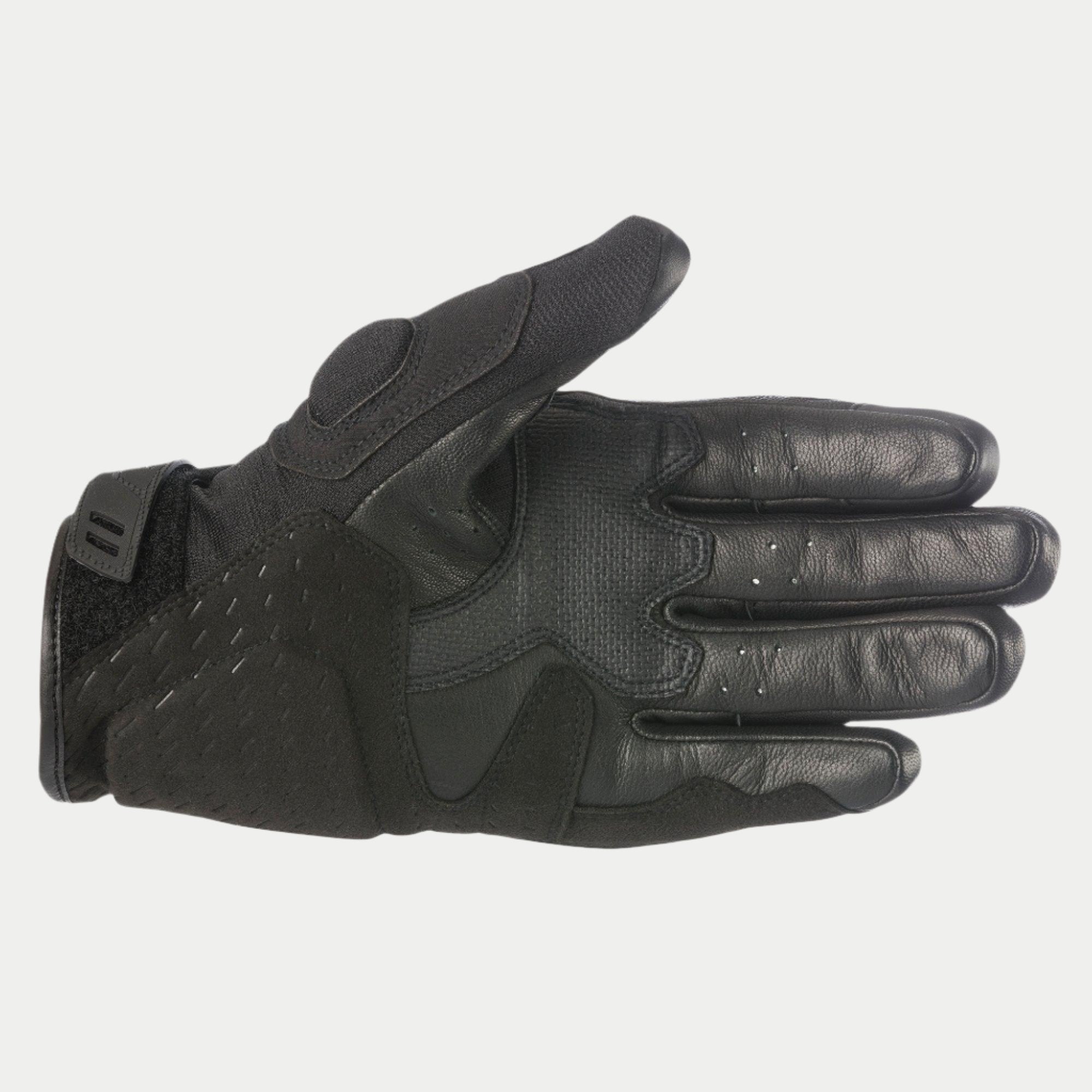 Alpinestars C-30 Drystar® Gloves, Black, palm view showing synthetic suede reinforcements with foam padding, PU-coated grip areas on the thumb and palm, and adjustable hook-and-loop wrist strap, waterproof motorcycle gloves
