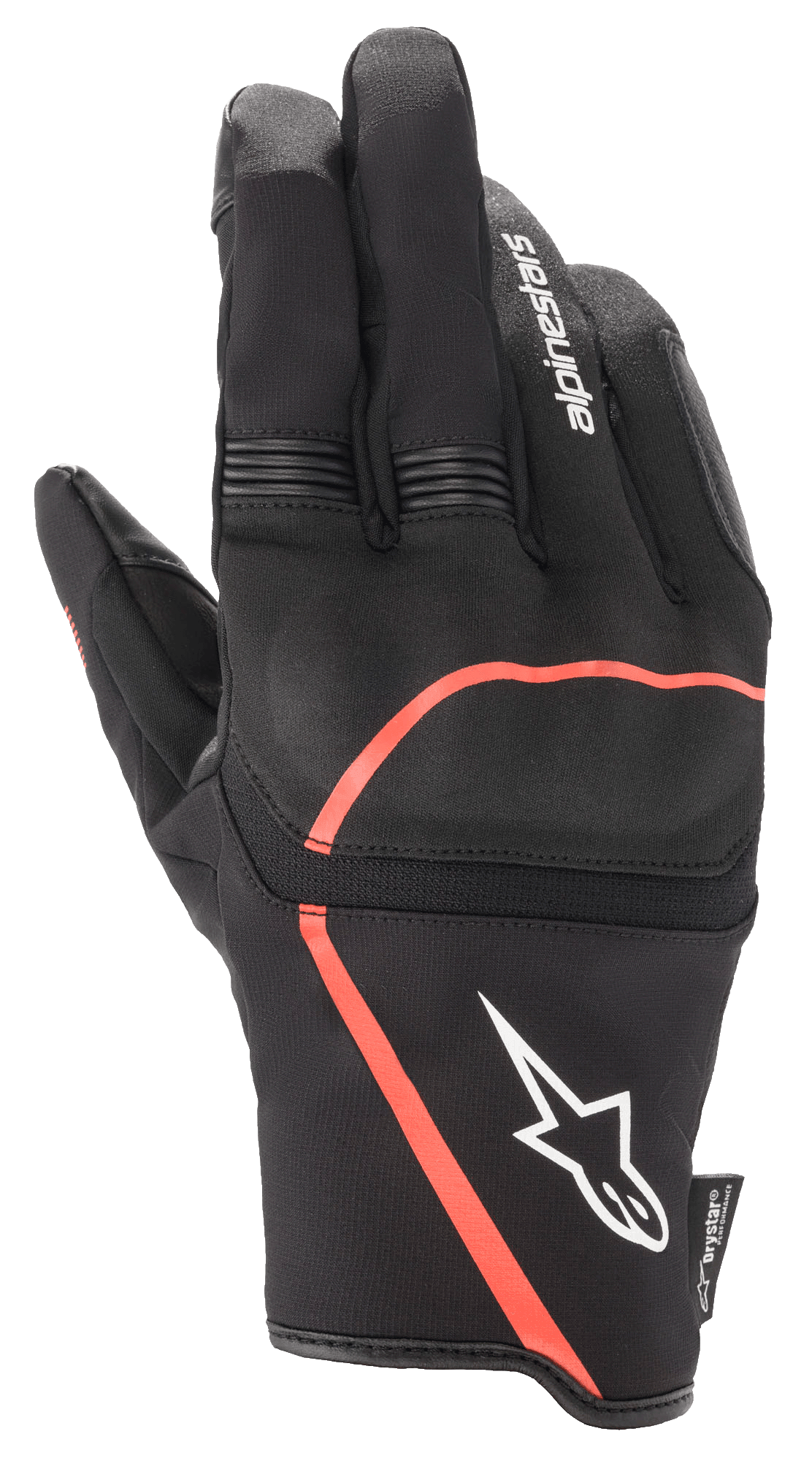 Alpinestars Syncro V2 Drystar® Gloves, Urban Motorcycle Gloves, Black with Red Fluo accents, featuring flexible knuckle protection, white Alpinestars logo on the cuff, and accordion stretch panels on the fingers, waterproof and breathable design.