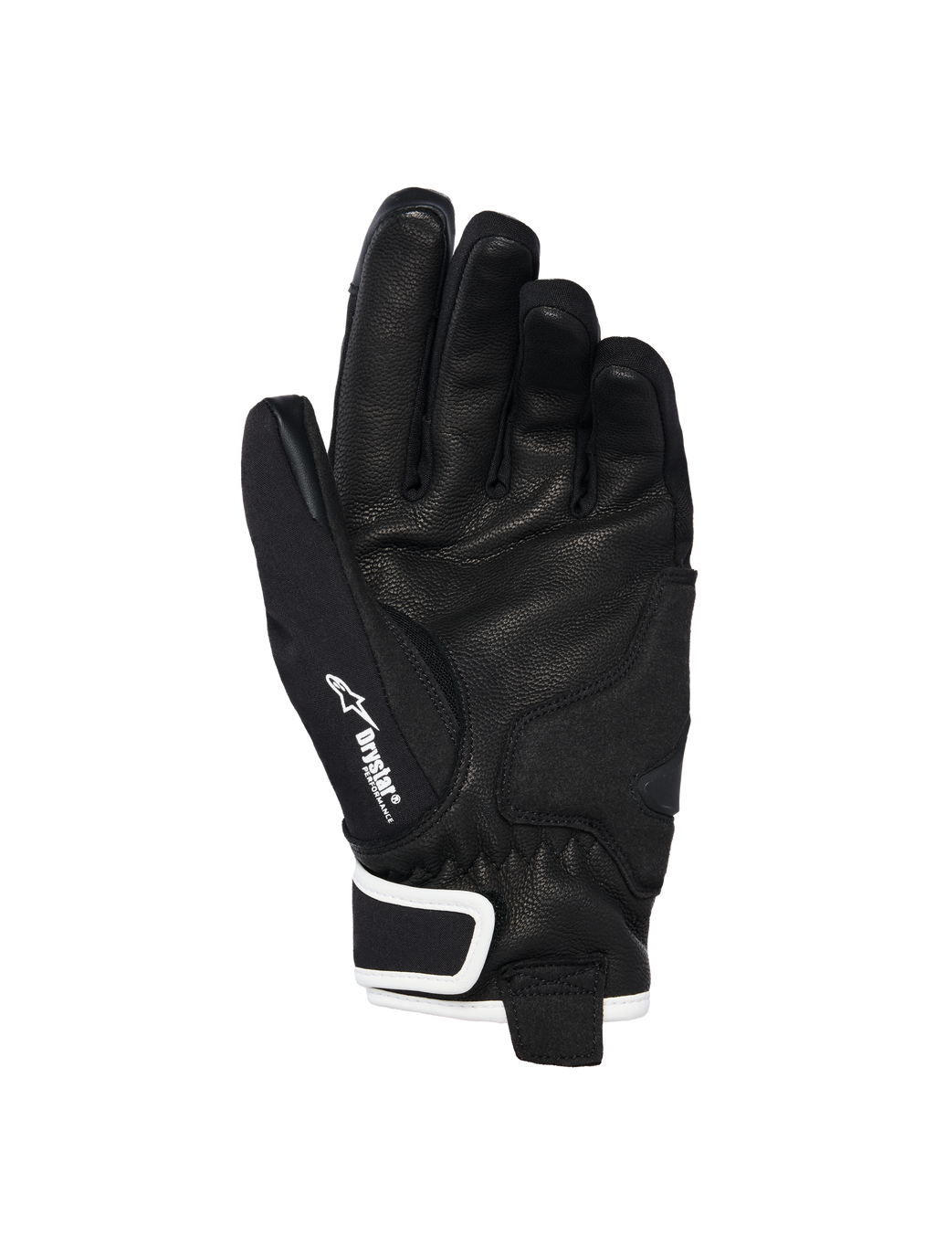 Alpinestars Stella Moblast Waterproof Gloves, palm view, Black with White accents, featuring goat leather palm, Alpinestars logo and Drystar branding on the thumb, short-cuff motorcycle gloves for women