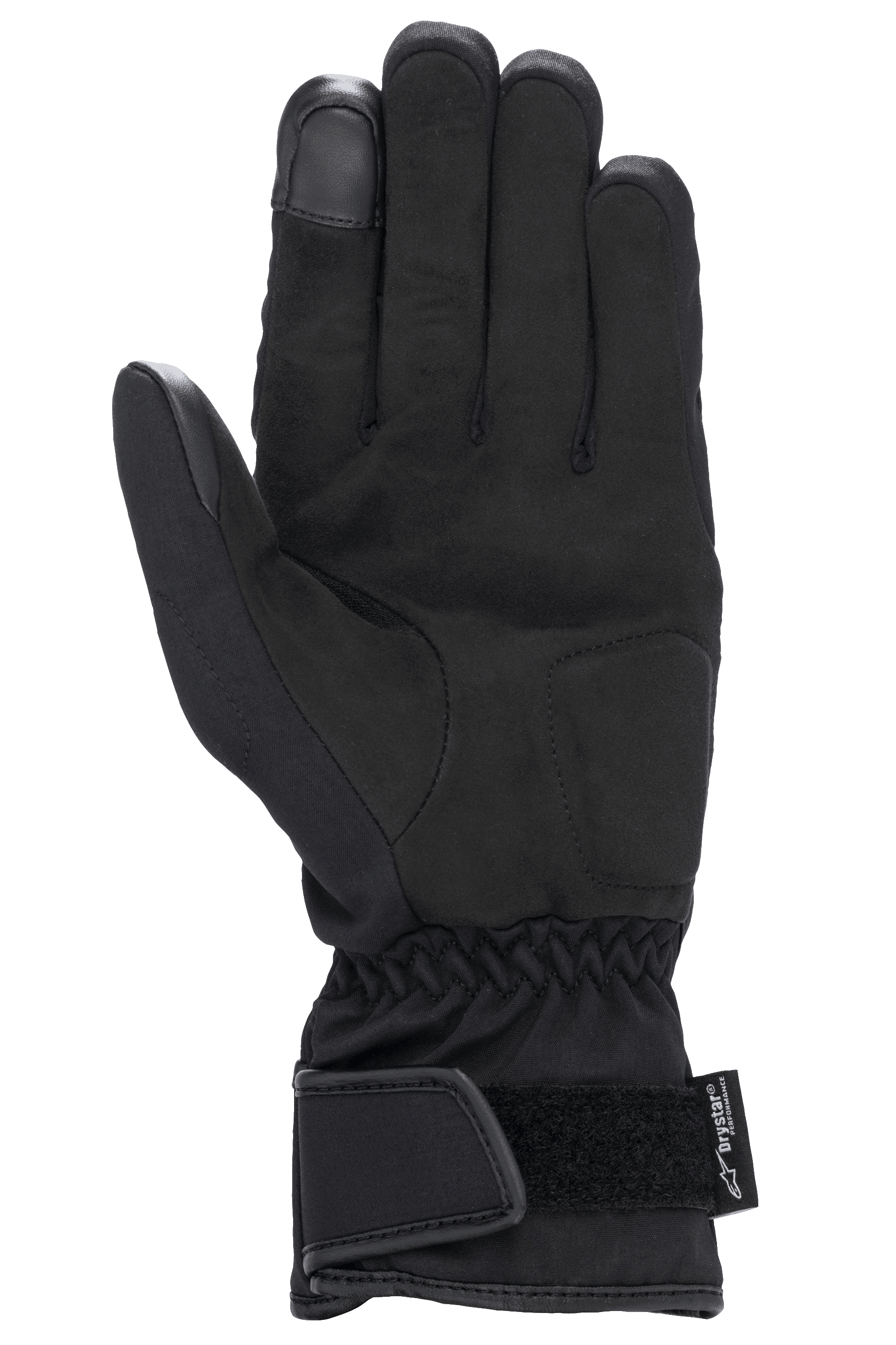 Alpinestars Women Stella SR-3 V2 Drystar® Gloves, Black, palm side view showing synthetic leather reinforcements, touchscreen-compatible index fingertip, elasticated wrist, and gauntlet cuff with adjustable Velcro strap and Drystar branding.