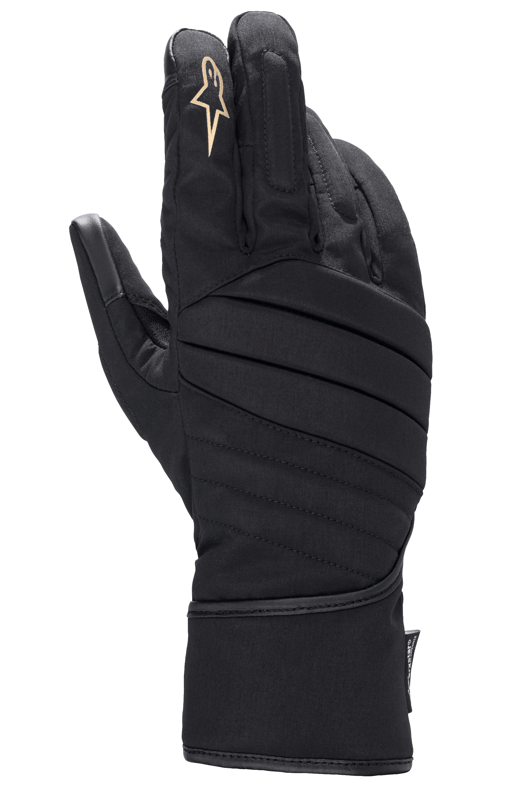 Alpinestars Stella SR-3 V2 Drystar Gloves, Women's Motorcycle Gloves, Black, backhand view featuring diagonal padded stitching, white star logo on the index finger, and a long gauntlet-style cuff for all-weather protection.