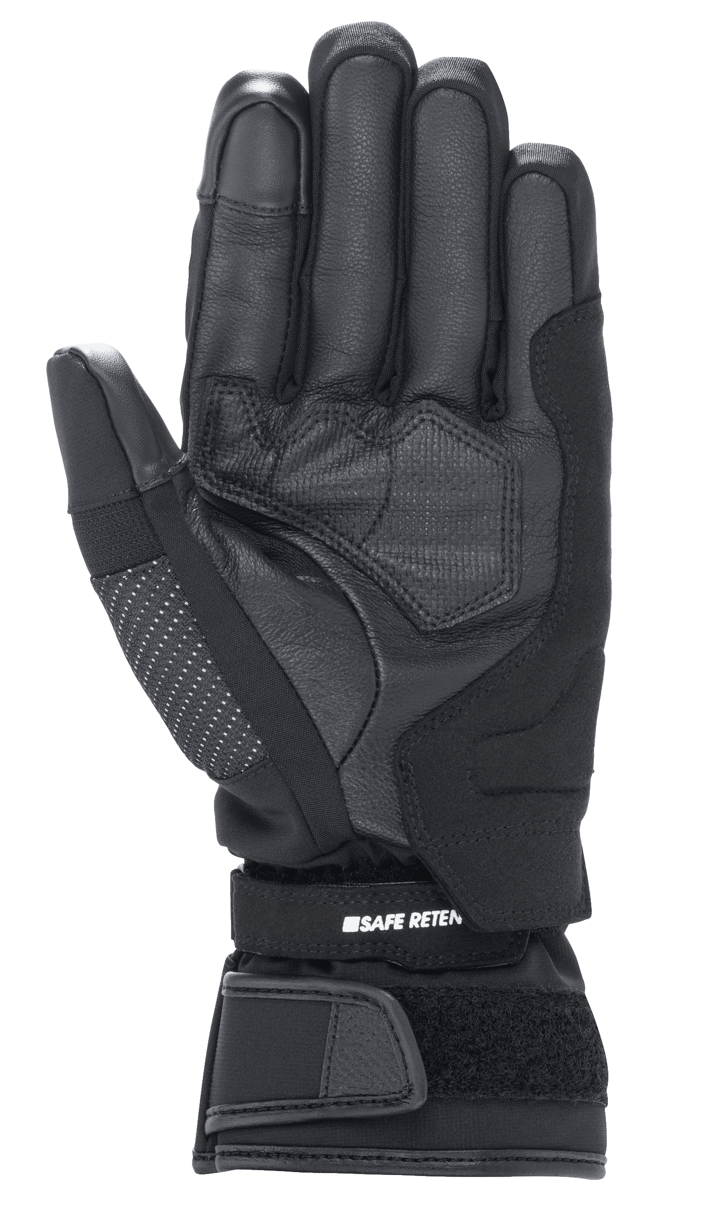 Alpinestars Women Stella Andes V3 Drystar® Gloves, Black Anthracite motorcycle glove, palm view showing goat leather construction, reinforced padding, and adjustable velcro wrist strap with Safe Retention branding.