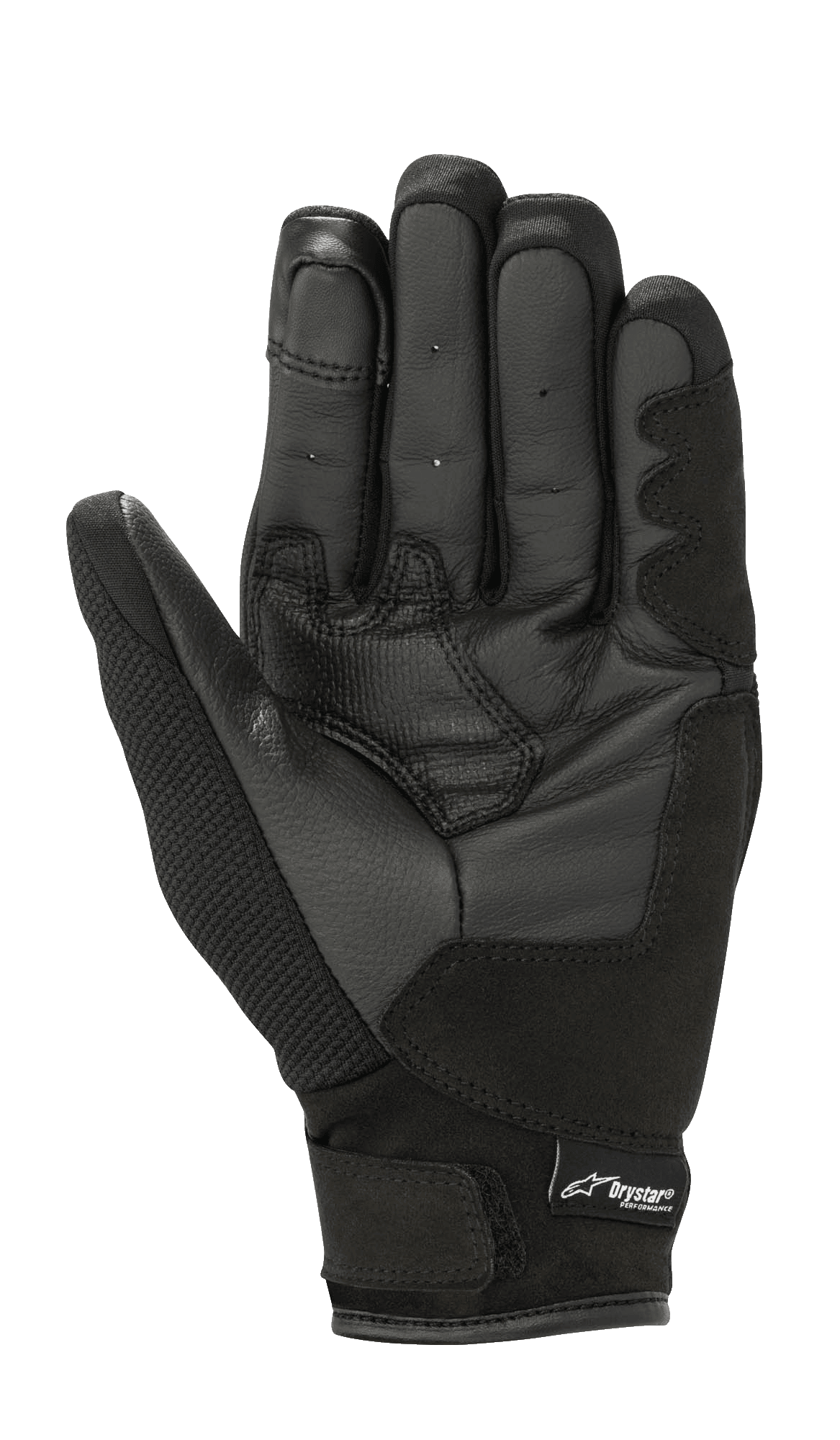 Alpinestars Stella S-Max Drystar Women's Gloves, Black Anthracite, palm view showing leather construction, reinforced grip areas, and hook-and-loop wrist closure with Drystar branding