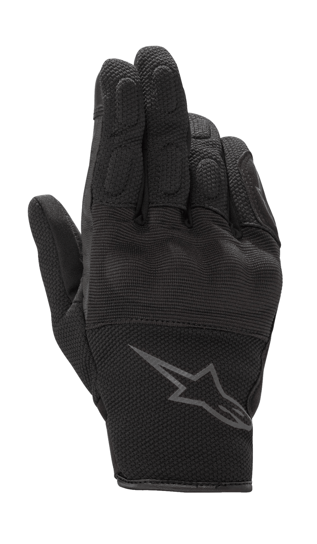 Alpinestars S-Max Women's Gloves, Motorcycle Gloves, Black Anthracite, short-cuff design with leather and stretch mesh construction, featuring hard knuckle protection and a gray Alpinestars logo on the wrist, waterproof protective gear for road riding