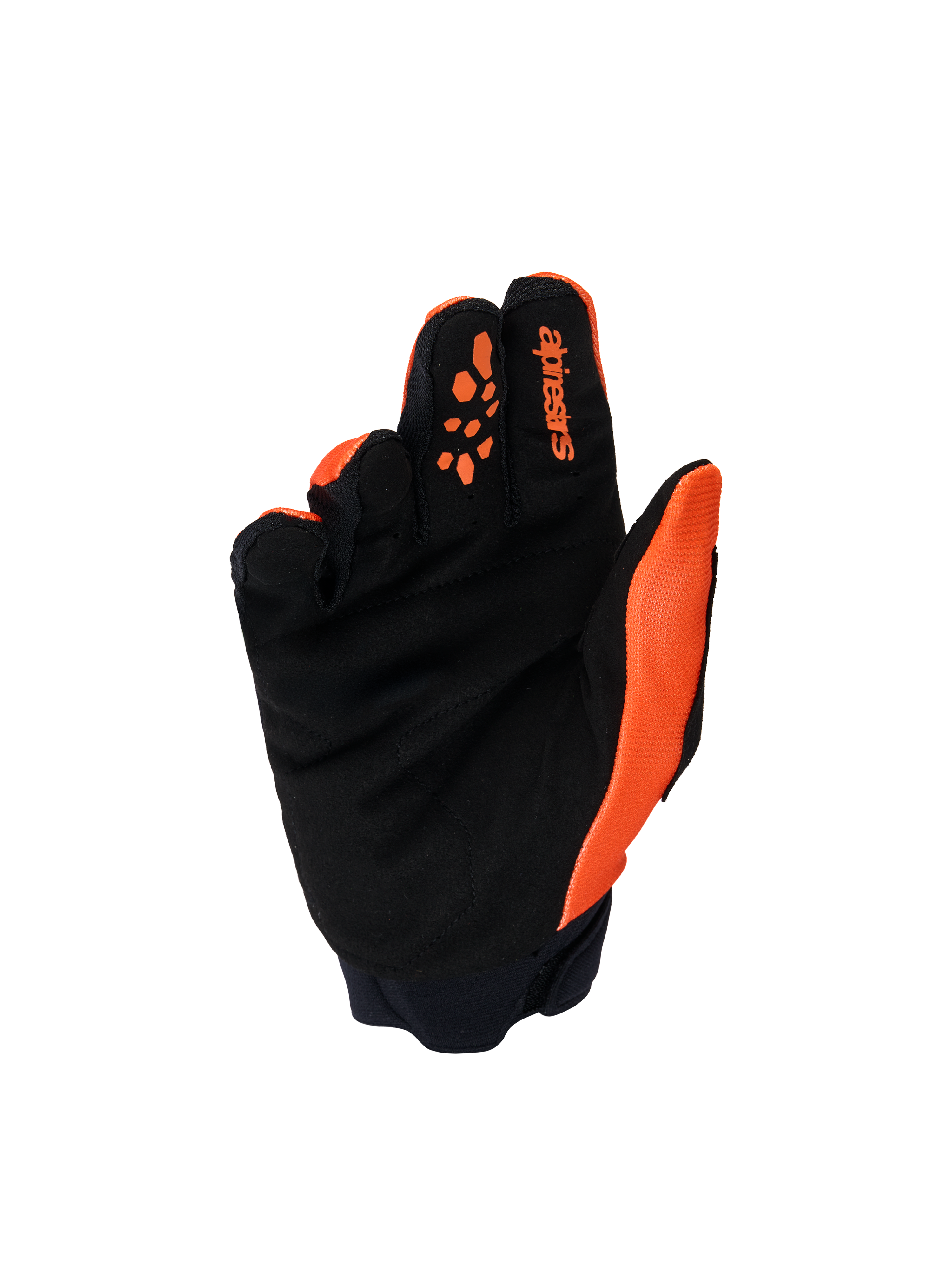 Alpinestars Youth & Kids Full Bore V2 Gloves, Motocross Gloves, Orange and Black, palm view featuring reinforced synthetic suede, silicone finger prints for lever control, and Alpinestars branding on the index finger.