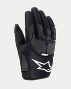 Alpinestars Youth 2024 Thermo Shielder Gloves, Black Motocross Gloves, backhand view showing neoprene construction, grey laser-laminated protective patterns, white Alpinestars logo and ASTARS branding, insulated for cool-weather off-road riding