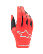 Alpinestars Youth 2024 Radar Gloves, Motocross Gloves, Mars Red and Silver, backhand view featuring a white star logo and wordmark on the cuff, lightweight stretch fabric with black finger accents, durable youth off-road racing gear