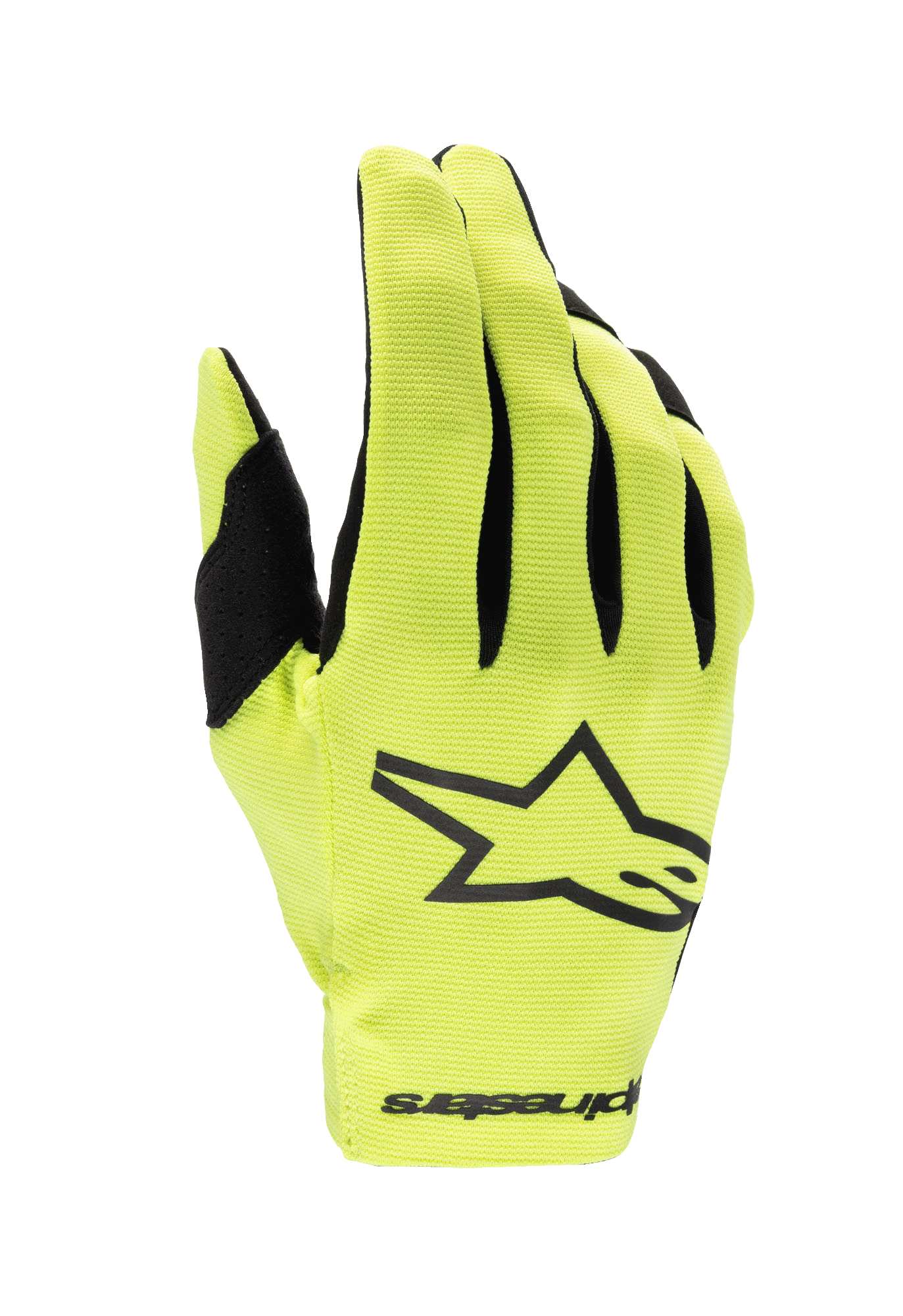 Alpinestars 2024 Youth Radar Gloves, Motocross Gloves, Yellow Fluo and Black, featuring a large black star logo on the backhand, lightweight stretch fabric with black finger accents, performance youth racing protection