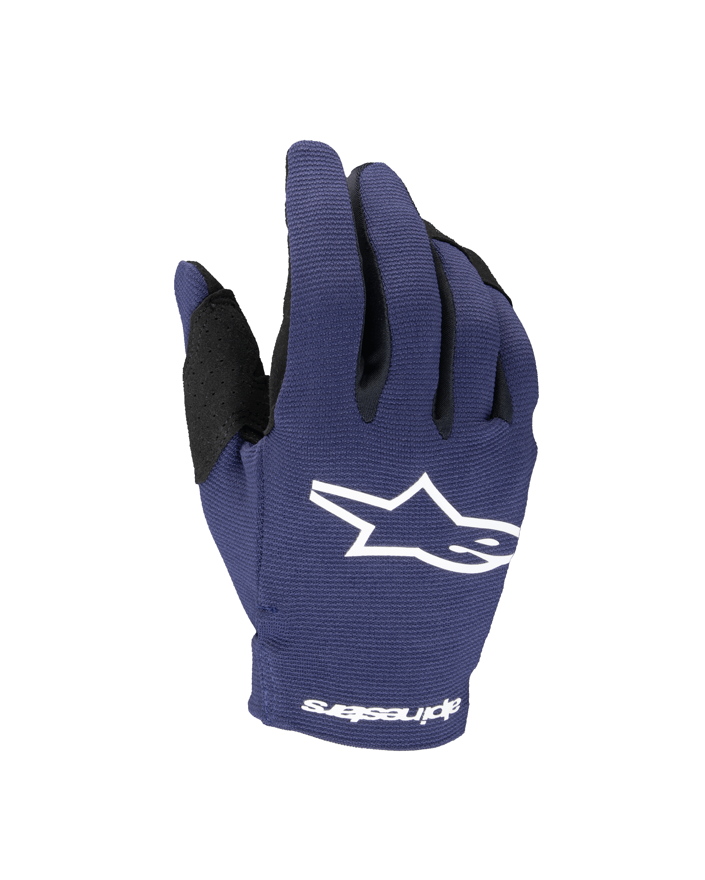 Alpinestars 2025 Youth Radar Gloves, Motocross Gloves, Night Navy and White, featuring a white star logo on the backhand and Alpinestars text on the wrist, single-layer stretch construction for off-road racing