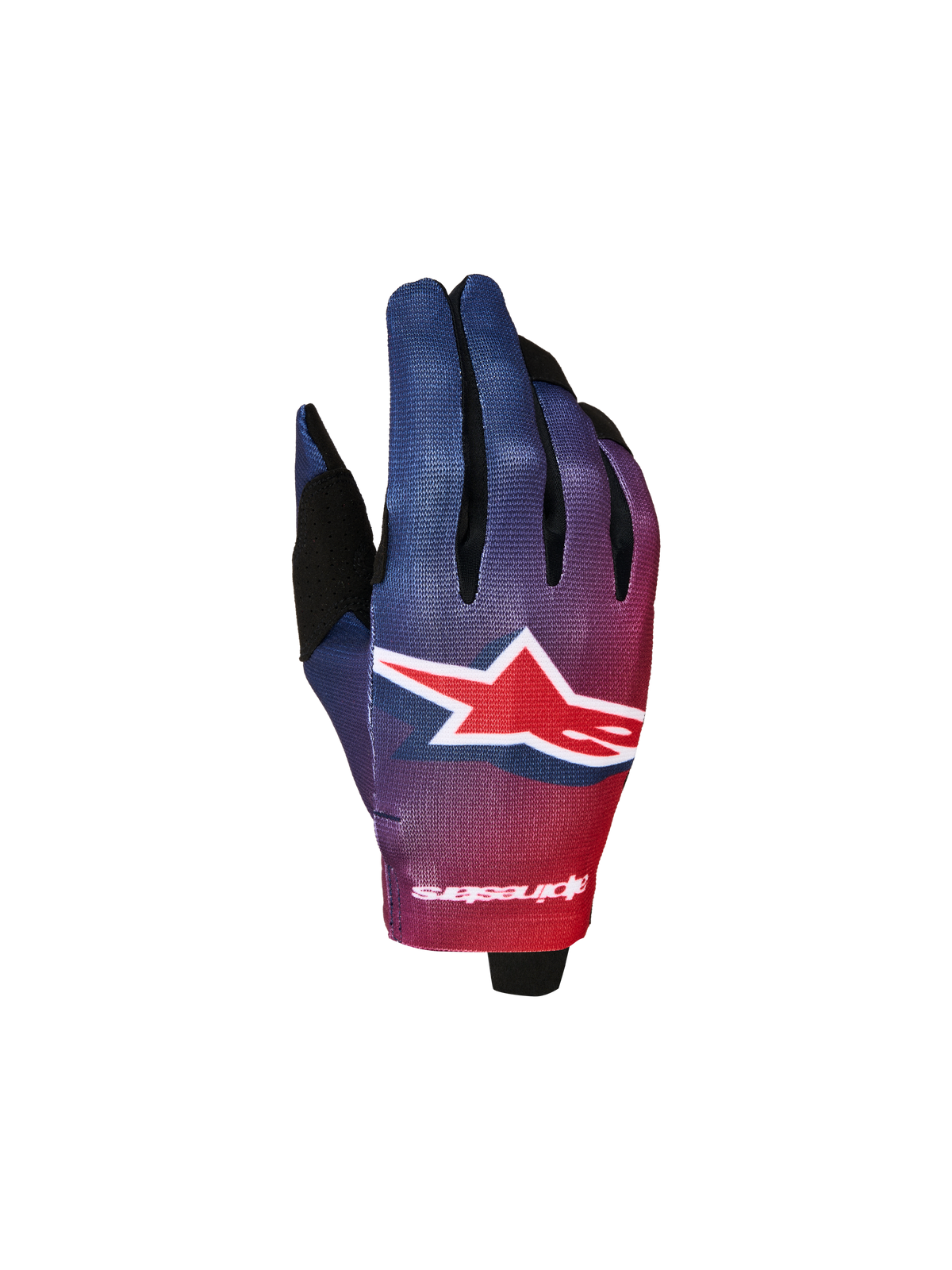 Alpinestars 2027 Youth Radar Gloves, Fire Red and Deep Blue motocross gloves with a stretch backhand.
