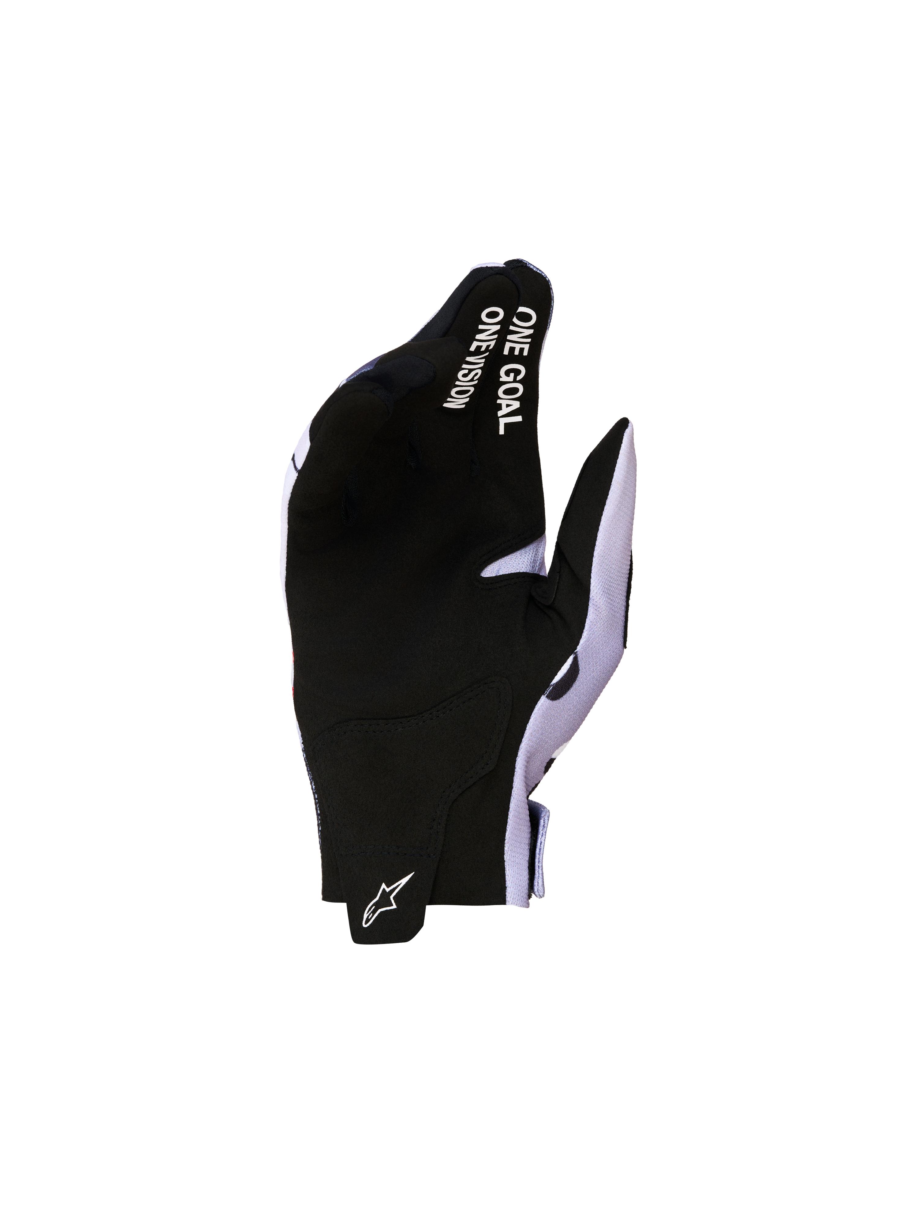 Alpinestars Youth Radar Motocross Gloves in Black and Ash Gray with synthetic suede palm and finger text.