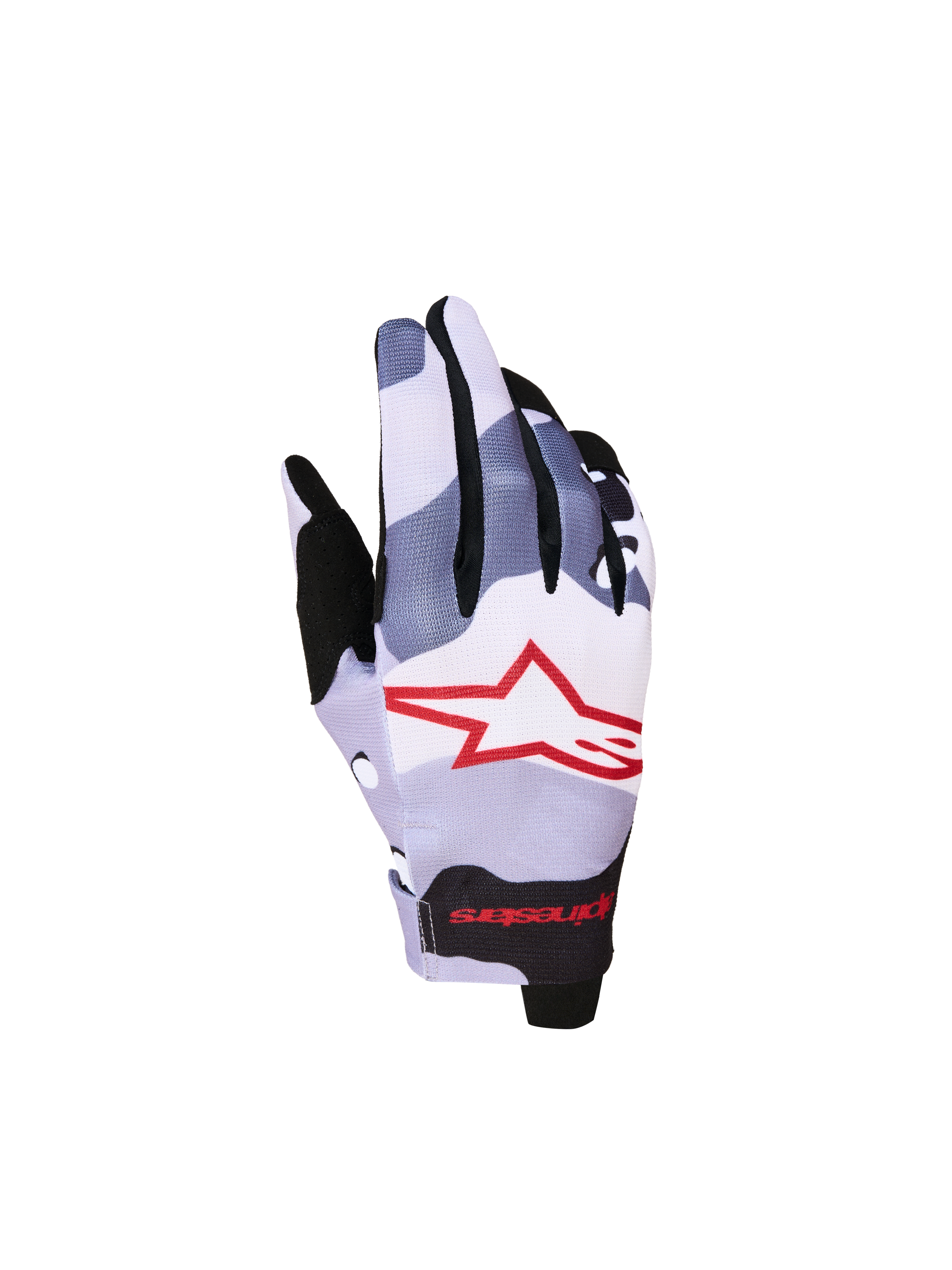 Alpinestars Youth Radar Gloves, gray and red camo motocross gloves with a stretch backhand and star logo.