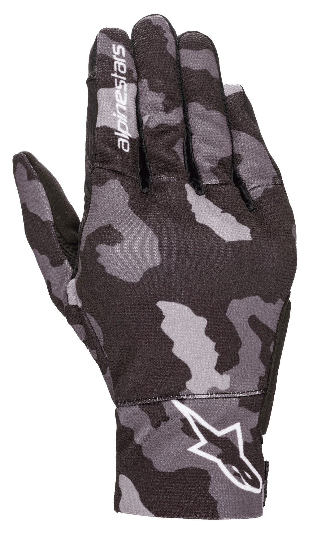 Alpinestars Youth Reef Gloves, Urban Motorcycle Gloves, Black Gray Camo, backhand view featuring a gray camouflage pattern with white Alpinestars branding on the wrist and index finger, lightweight stretch textile construction