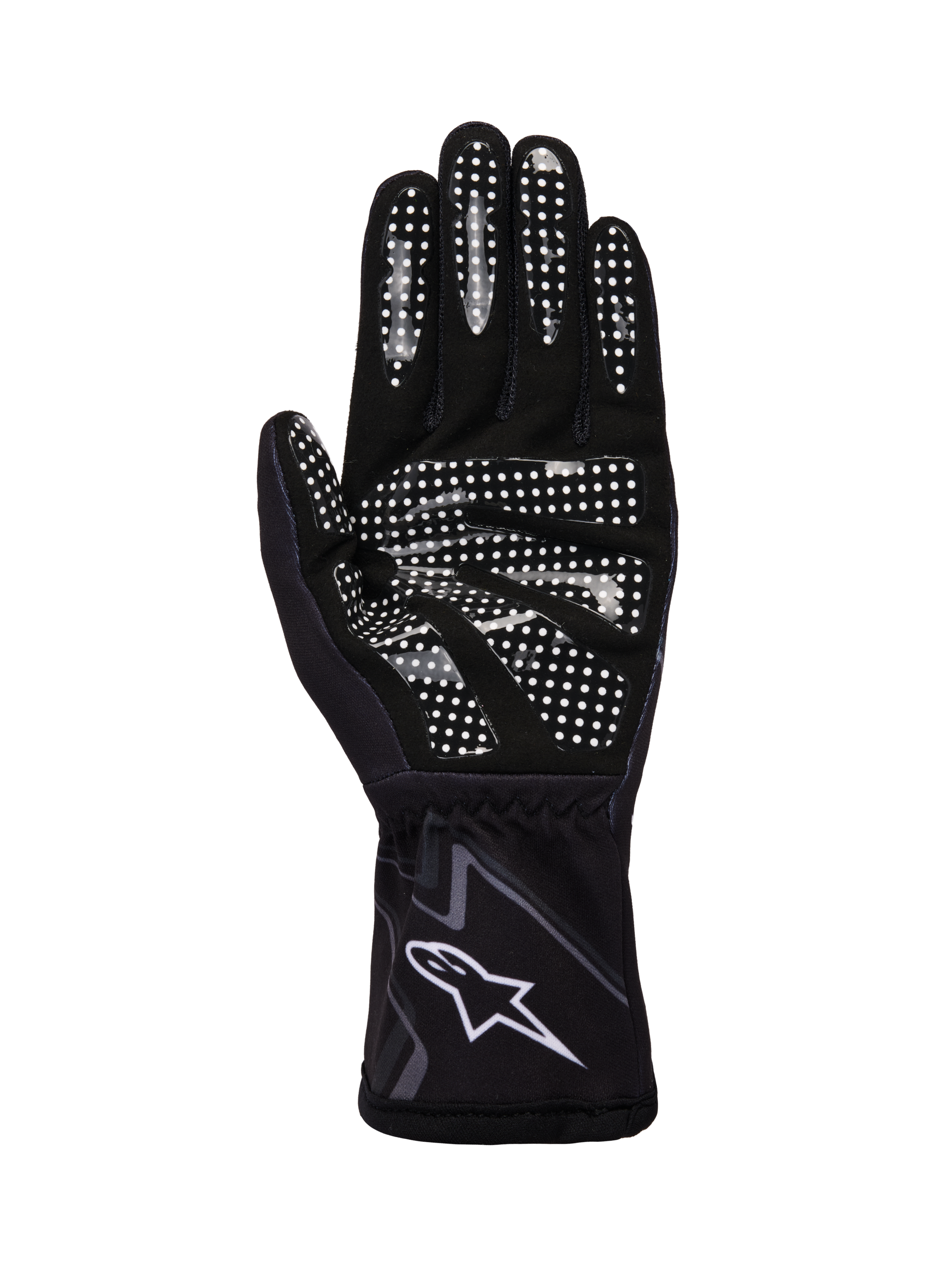 Alpinestars Tech-1 K Race V2 Gloves Graphic 1, Karting Gloves, Black Tar Gray and White, palm view showing white silicone grip pattern and Alpinestars logo on the wrist cuff.