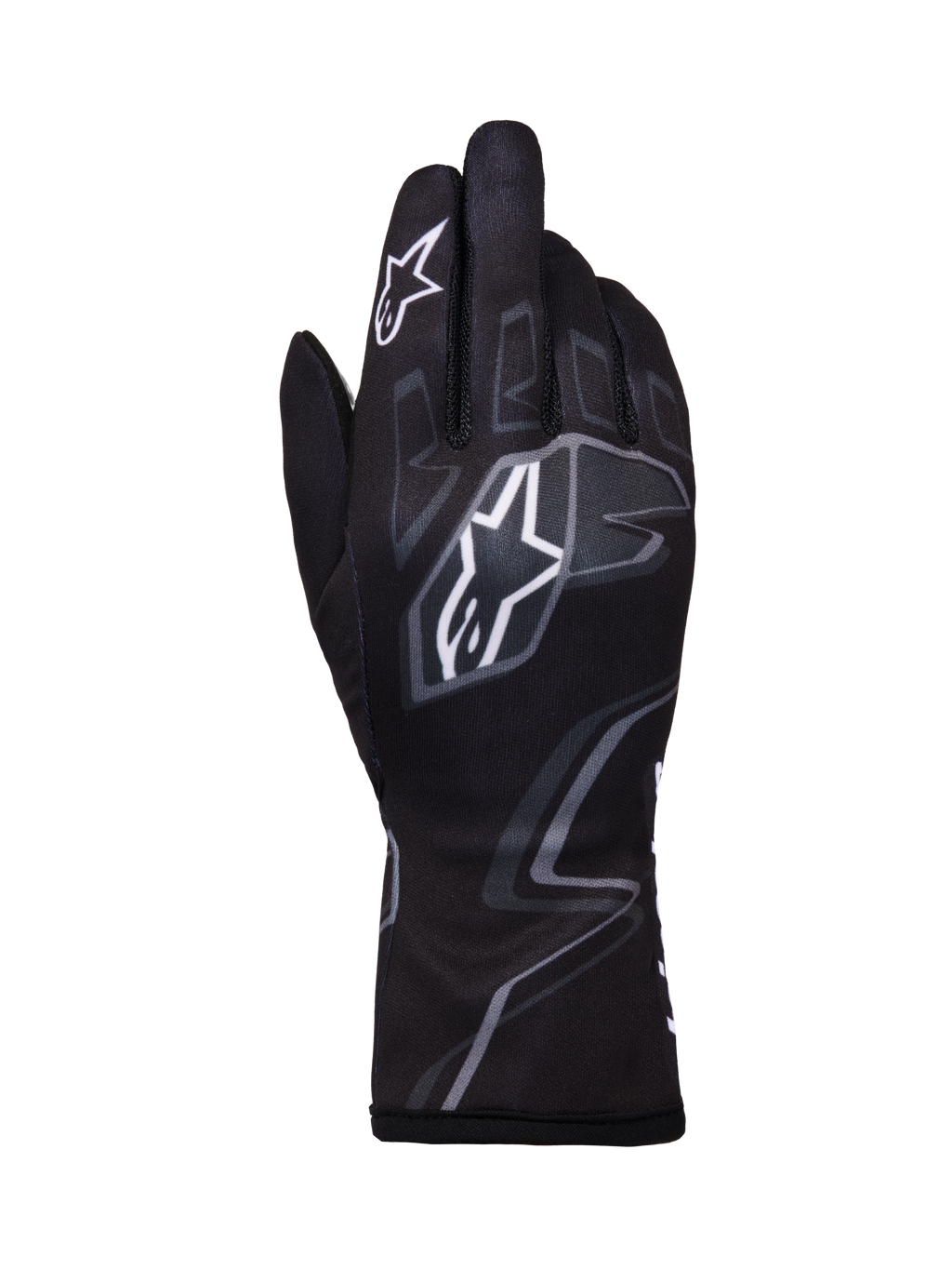Alpinestars Tech-1 K Race V2 Gloves Graphic 1, Karting Racing Gloves, Black with white and gray geometric patterns, featuring Alpinestars star logo, lightweight textile construction with printed graphics