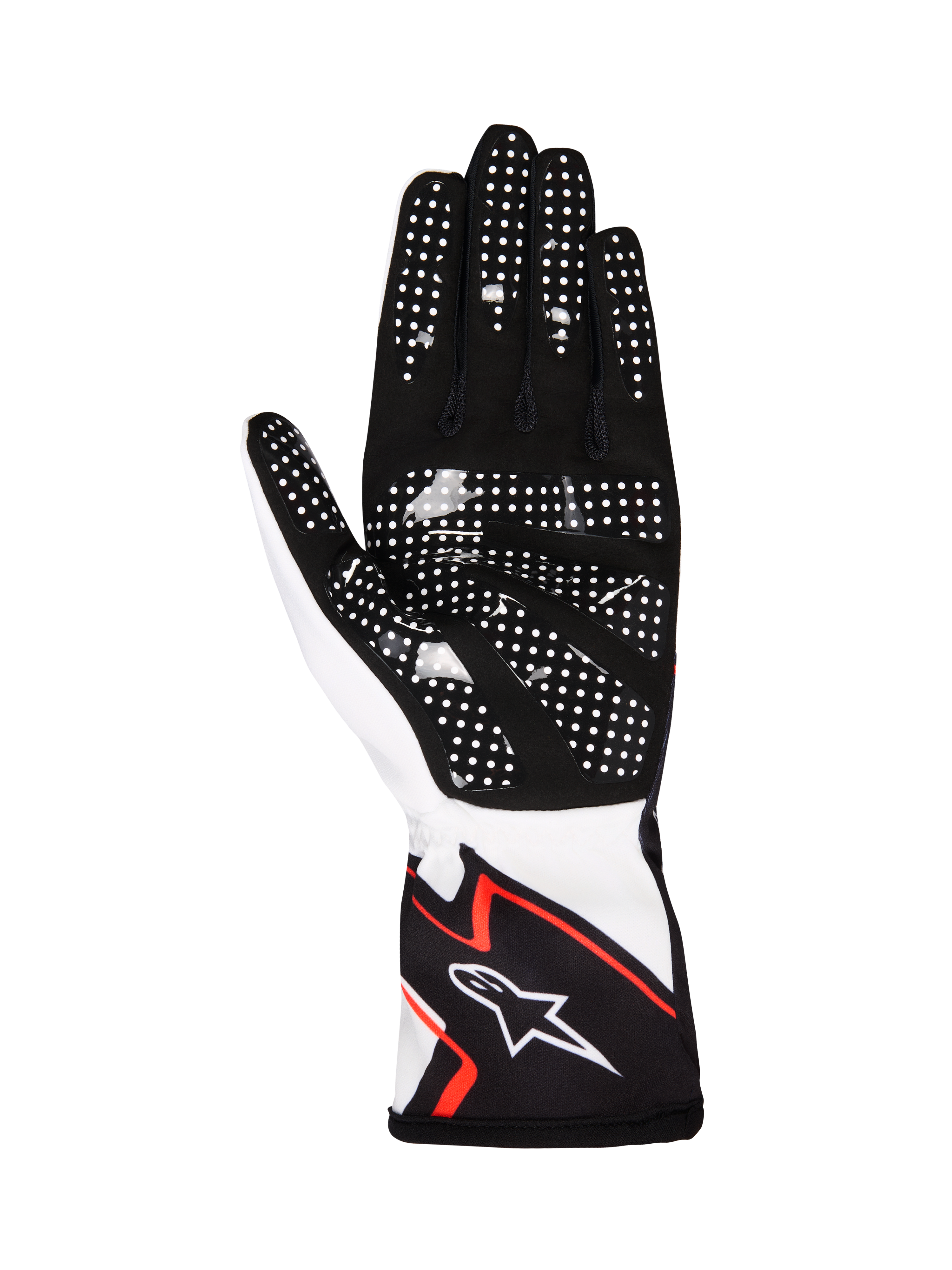 Alpinestars Tech-1 K Race V2 Gloves Graphic 1, Karting Gloves, White Black and Hot Orange, palm view featuring black synthetic suede with white silicone grip dots, ergonomic design with Alpinestars logo on the cuff