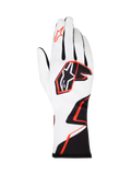 Alpinestars Tech-1 K Race V2 Gloves Graphic 1, Karting Gloves, White with Black and Hot Orange geometric design, featuring the Alpinestars star logo on the back and index finger, lightweight breathable textile with an extended cuff