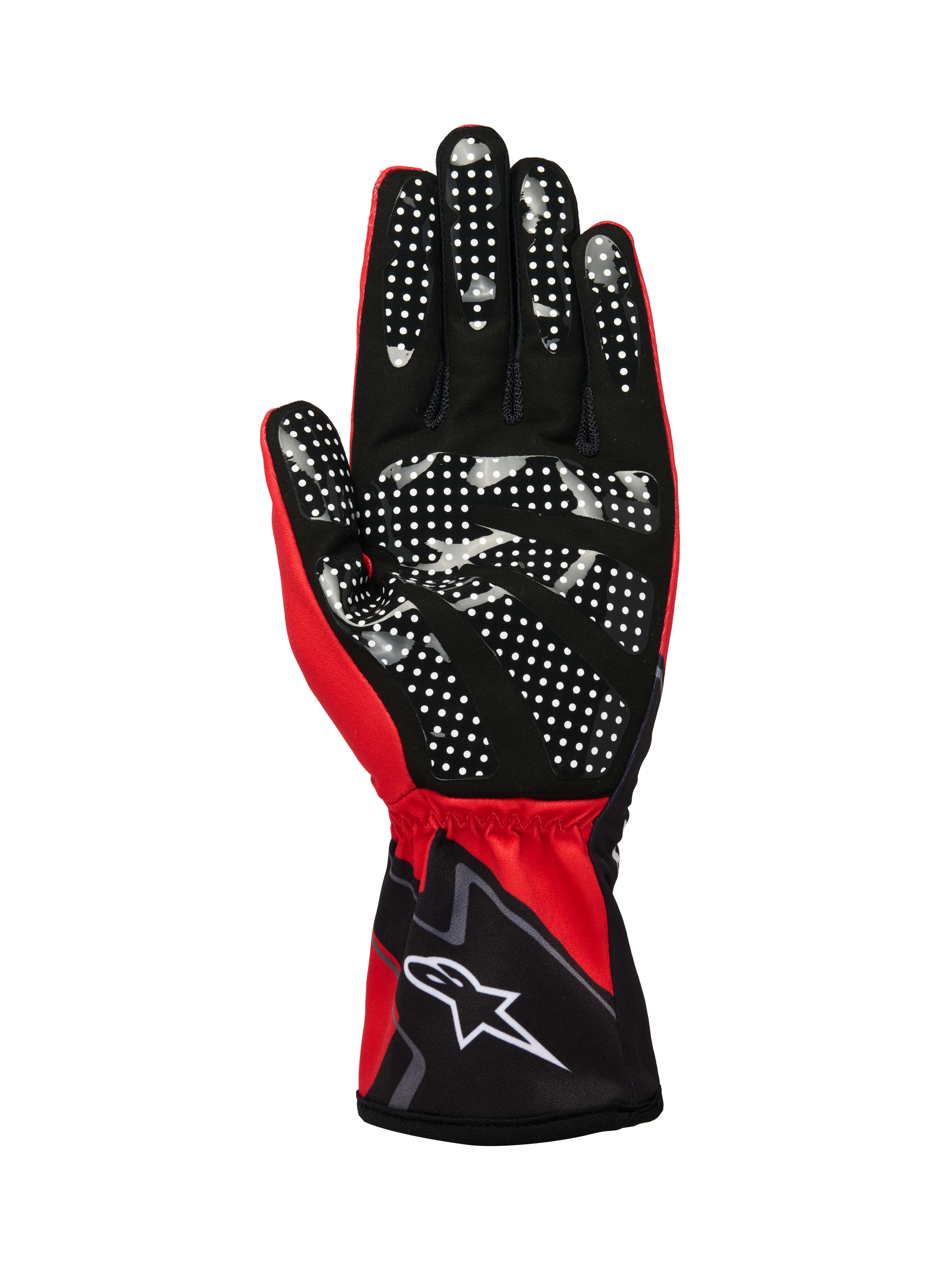Alpinestars Tech-1 K Race V2 Gloves Graphic 1, Karting Gloves, Red Bright Black White, palm side view featuring white silicone dot pattern for enhanced grip, synthetic suede material, elasticated gauntlet cuff with white logo.