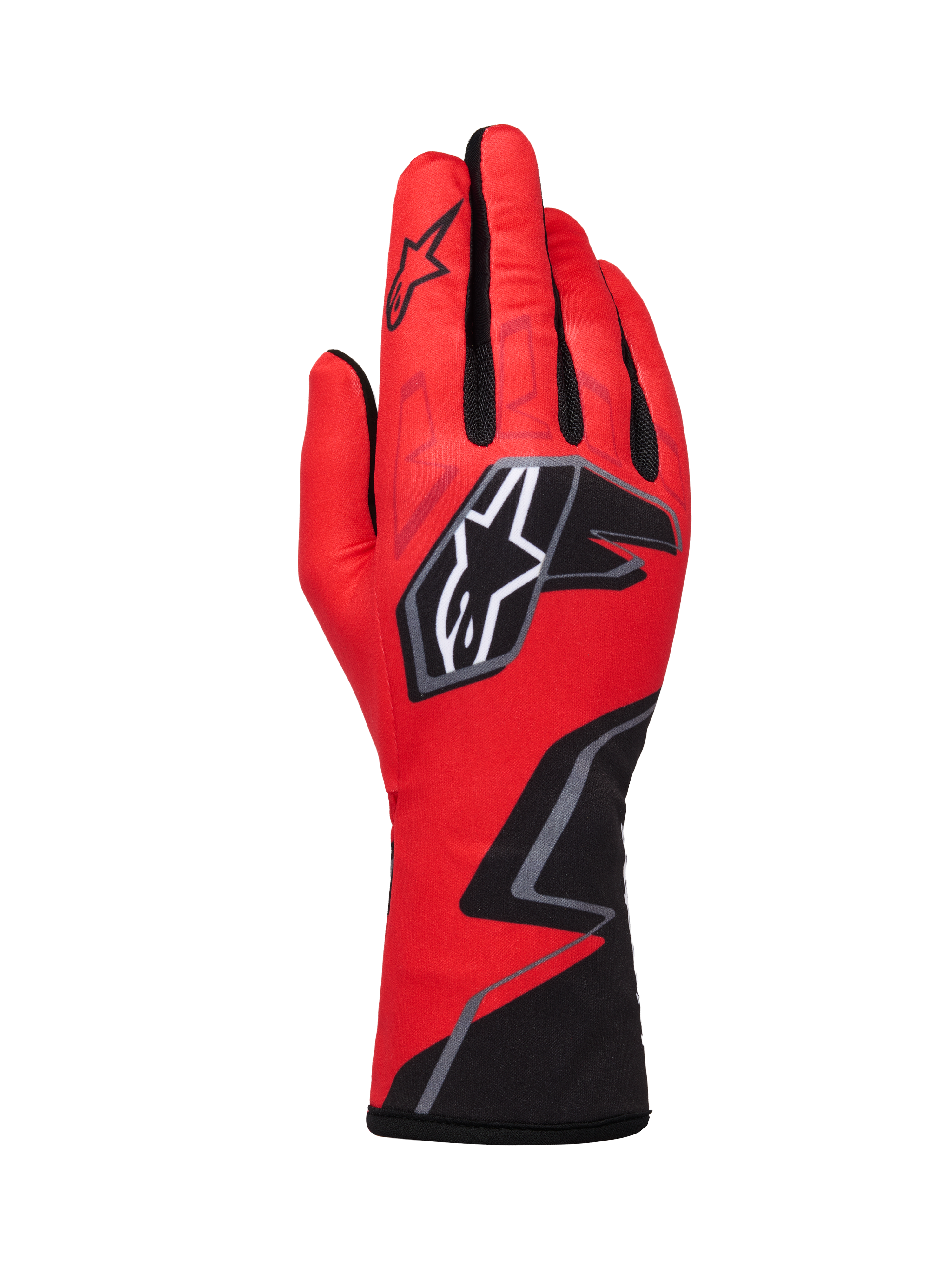 Alpinestars Tech-1 K Race V2 Gloves Graphic 1, Karting Racing Gloves, Red with Black and White accents, featuring bold star logo and geometric zigzag design on the wrist, lightweight textile construction for motorsport