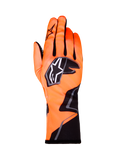 Alpinestars Tech-1 K Race V2 Gloves Graphic 1, Karting Racing Gloves, Orange Fluo with Black and White accents, back view of left-hand glove, bold star logo, form-fitting textile design with angular graphics