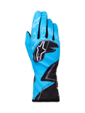 Alpinestars Tech-1 K Race V2 Gloves Graphic 1, Karting Racing Gloves, Cyan Black and White, featuring bold geometric patterns, white Alpinestars star logo on knuckles, extended cuff, lightweight and breathable material for karting performance