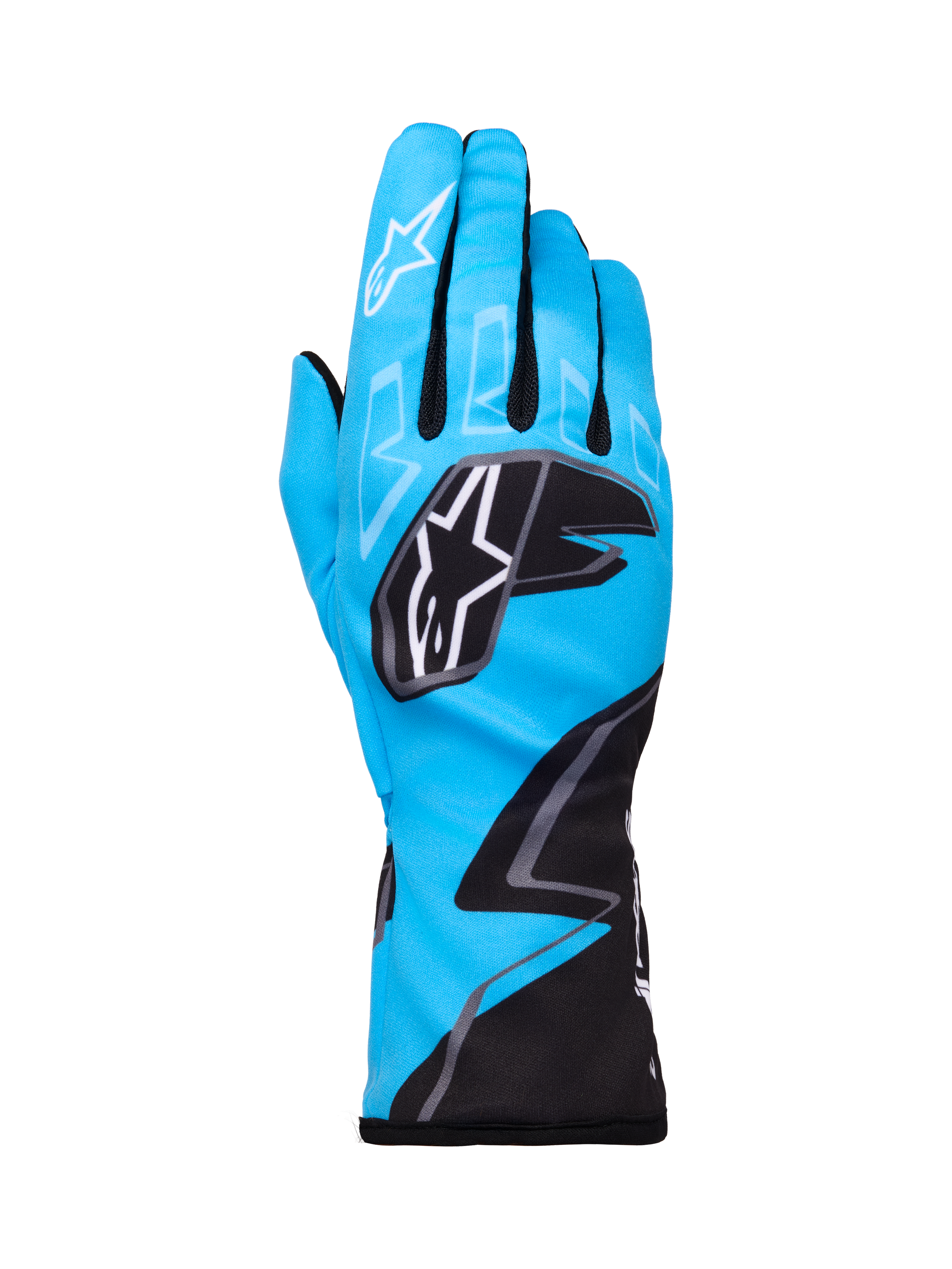 Alpinestars Tech-1 K Race V2 Gloves Graphic 1, Karting Racing Gloves, Cyan Black and White, featuring bold geometric patterns, white Alpinestars star logo on knuckles, extended cuff, lightweight and breathable material for karting performance