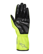 Alpinestars Youth Tech-1 K Race S V2 Pure Gloves, Karting Gloves, Yellow Fluo and Black, palm view showing silicone dot pattern for grip, synthetic suede material, bright yellow gauntlet cuff with grey Alpinestars logo and elasticated wrist.
