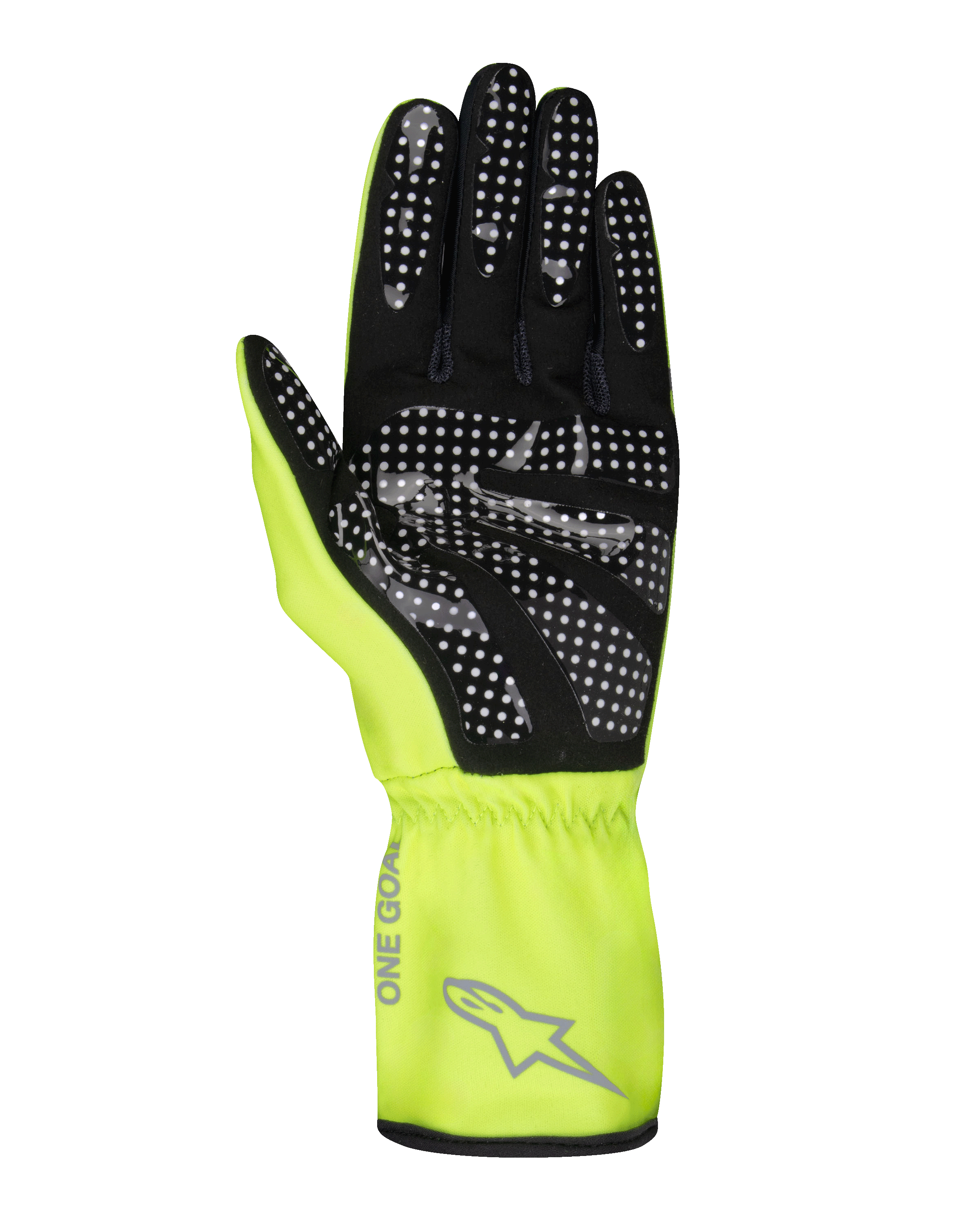 Alpinestars Youth Tech-1 K Race S V2 Pure Gloves, Karting Gloves, Yellow Fluo and Black, palm view showing silicone dot pattern for grip, synthetic suede material, bright yellow gauntlet cuff with grey Alpinestars logo and elasticated wrist.
