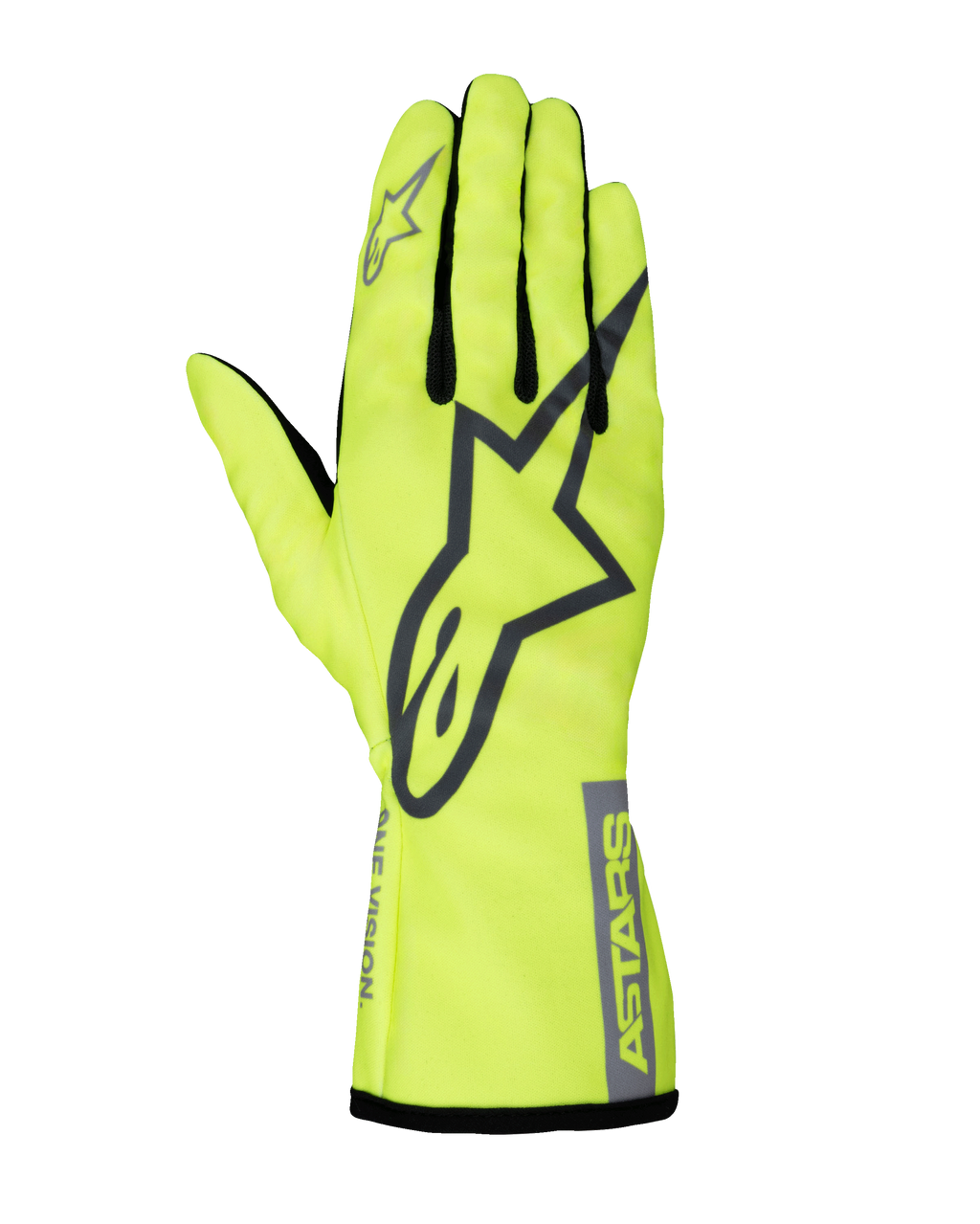 Alpinestars Tech-1 K Race V2 Pure Gloves, Karting Racing Gloves, Fluorescent Yellow and Gray, large star logo on the back, black finger gussets, high-visibility lightweight motorsport gear