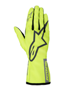 Alpinestars Tech-1 K Race V2 Pure Gloves, Karting Racing Gloves, Fluorescent Yellow and Gray, large star logo on the back, black finger gussets, high-visibility lightweight motorsport gear