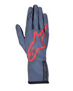 Alpinestars Tech-1 K Race V2 Pure Gloves, Karting Racing Gloves, Asphalt Gray and Red, featuring a large red star logo on the back, lightweight mesh construction, gauntlet cuff, sleek performance design for karting