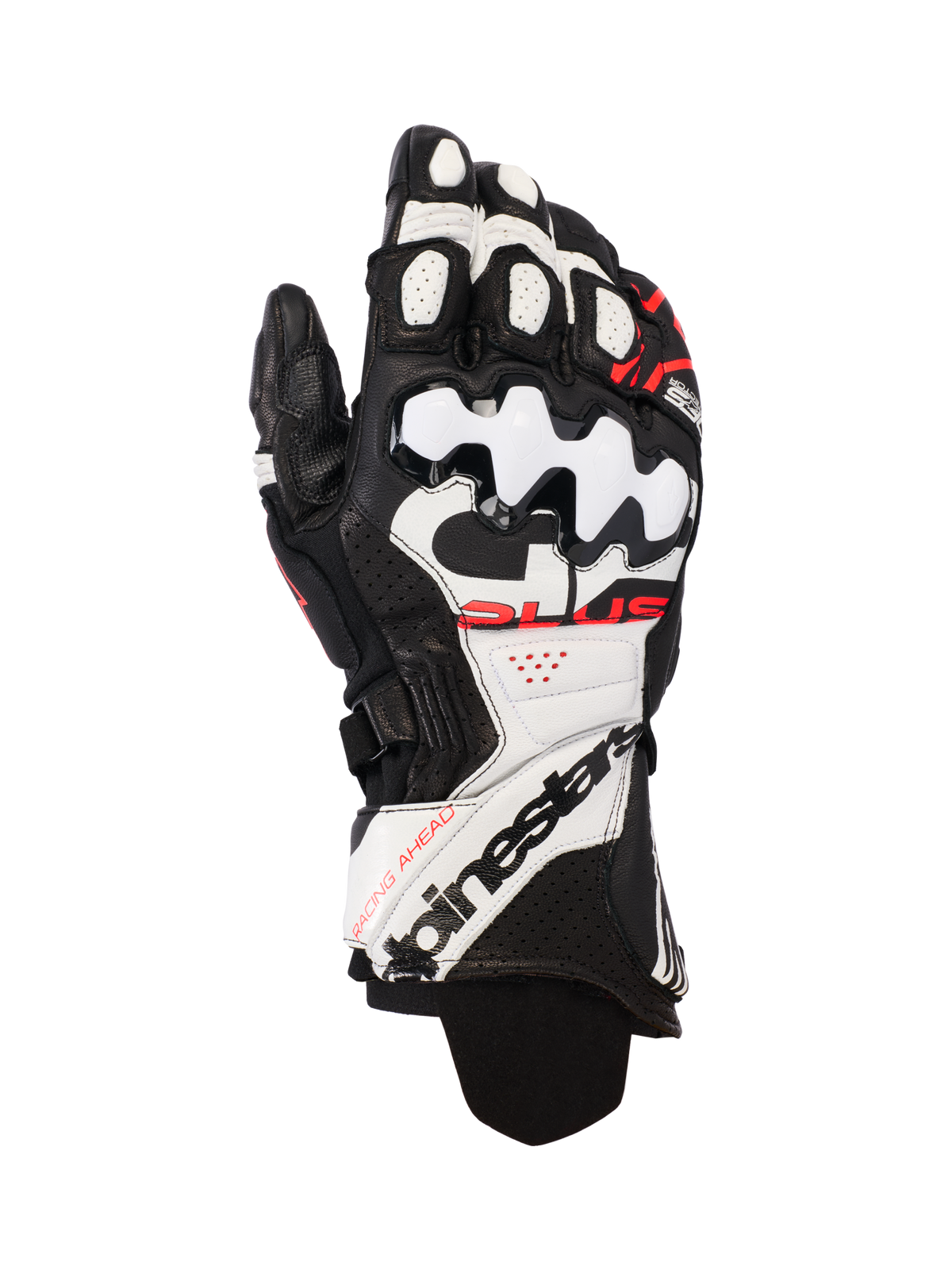 Alpinestars GP Plus R V3 Leather Gloves, Motorcycle Racing Gloves, Black White and Red Fluo, featuring premium leather construction with hard TPU knuckle protection, perforated panels for airflow, and bold branding on the extended cuff