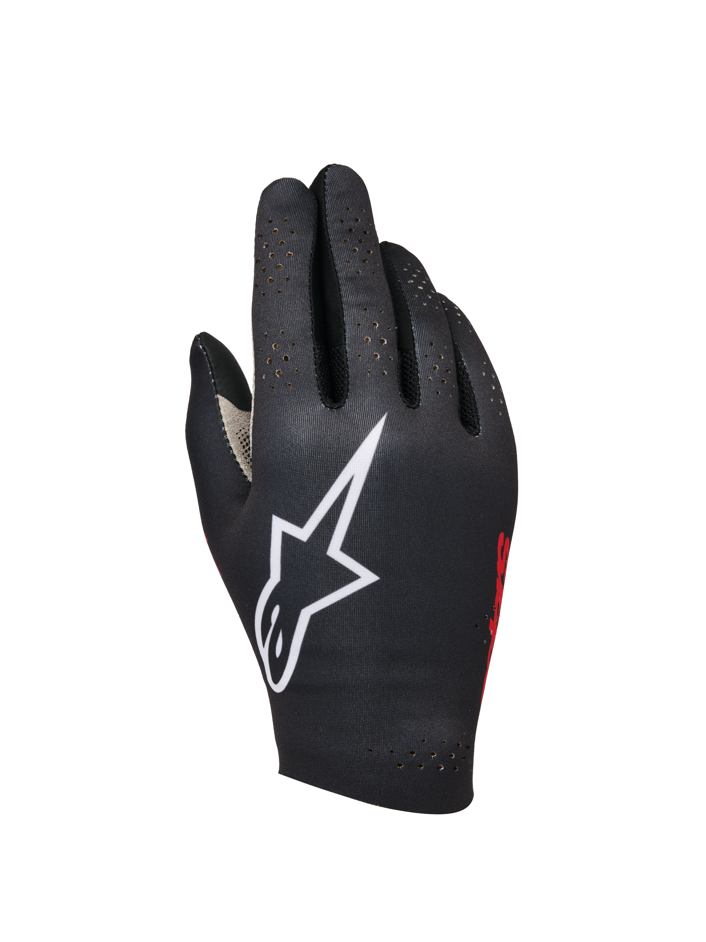 Alpinestars Sim Gloves Graphic 1, Sim Racing Gloves, Black with large white star logo, Red side branding, perforated design for ventilation, lightweight bonded stretch fabric