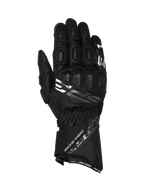 Alpinestars SP-3 black goat leather motorcycle racing gloves with a long cuff and integrated knuckle protection.