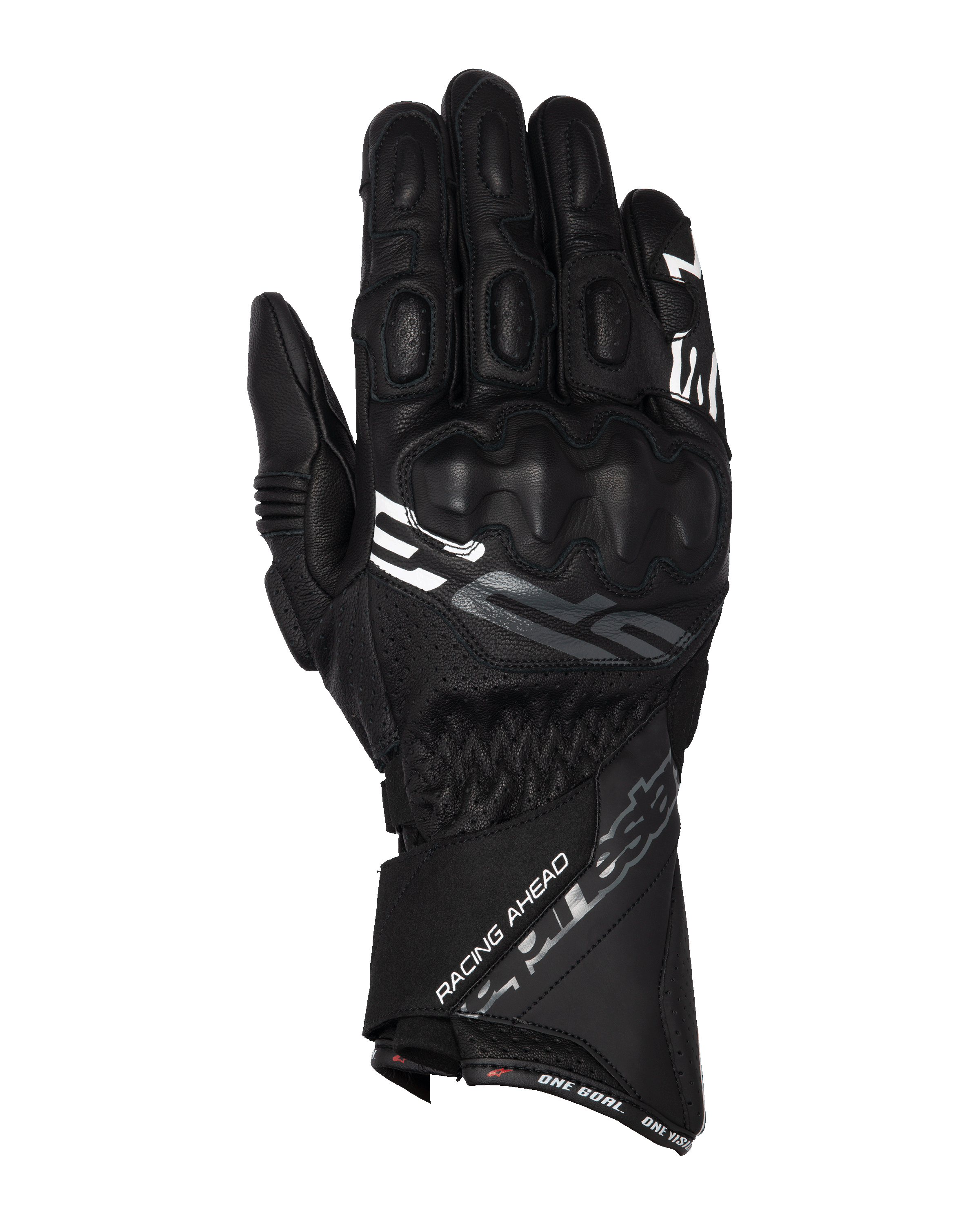 Alpinestars SP-3 Gloves, Long Cuff Motorcycle Racing Gloves, Black with White and Gray Accents, PU Covered Knuckle Protection, Textured Leather Construction with Perforated Details, Adjustable Gauntlet Wrist Strap
