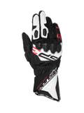 Alpinestars SP-3 long cuff road racing gloves, black, white, and red leather with CE certified knuckle protection.