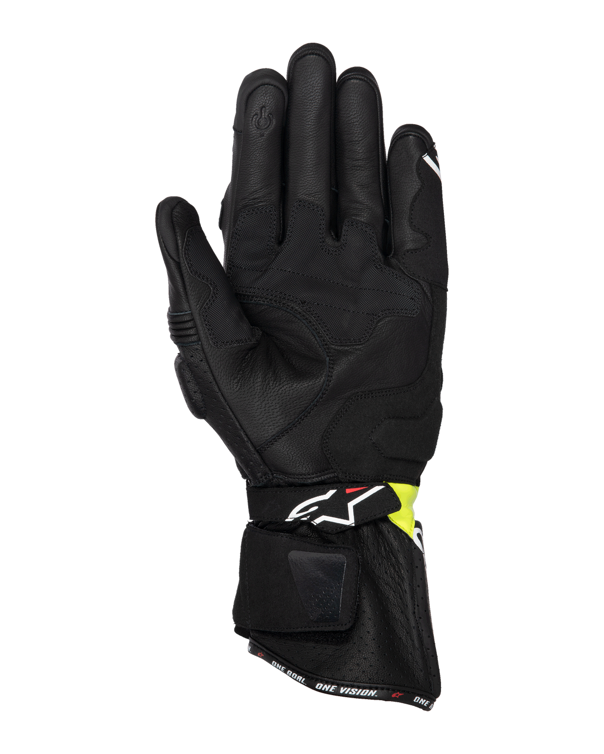 Alpinestars SP-3 Gloves, Motorcycle Road Gloves, Black and Yellow Fluo, palm side view showing goat leather construction, padded palm reinforcements, long cuff with adjustable strap, and touchscreen compatible index finger