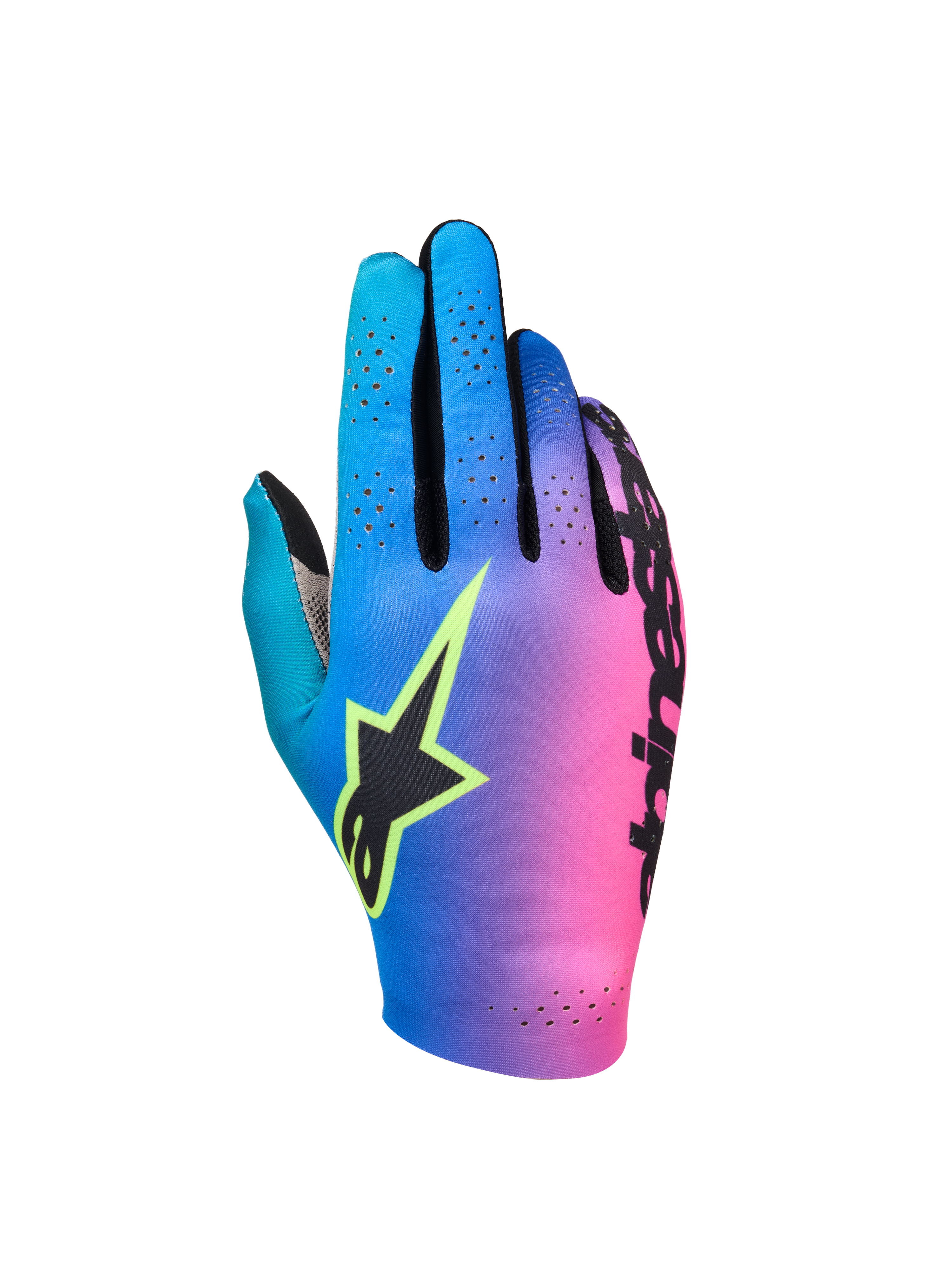 Alpinestars Sim Gloves Graphic 2, SIM Racing Gloves, Cyan Purple and Pink Gradient, Features Black Star Logo with Safety Yellow Outline, Perforated Backhand for Ventilation, Lightweight Performance Gaming Gear