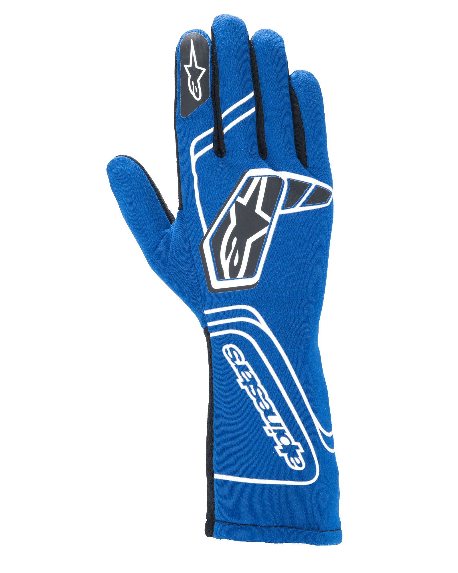 Alpinestars Tech-1 Start V4 Gloves FIA, Auto Racing Gloves, Royal Blue, featuring white geometric branding and black star logos, extended cuff with vertical Alpinestars text, sleek seamless construction for lightweight performance, FIA certified professional racing gear