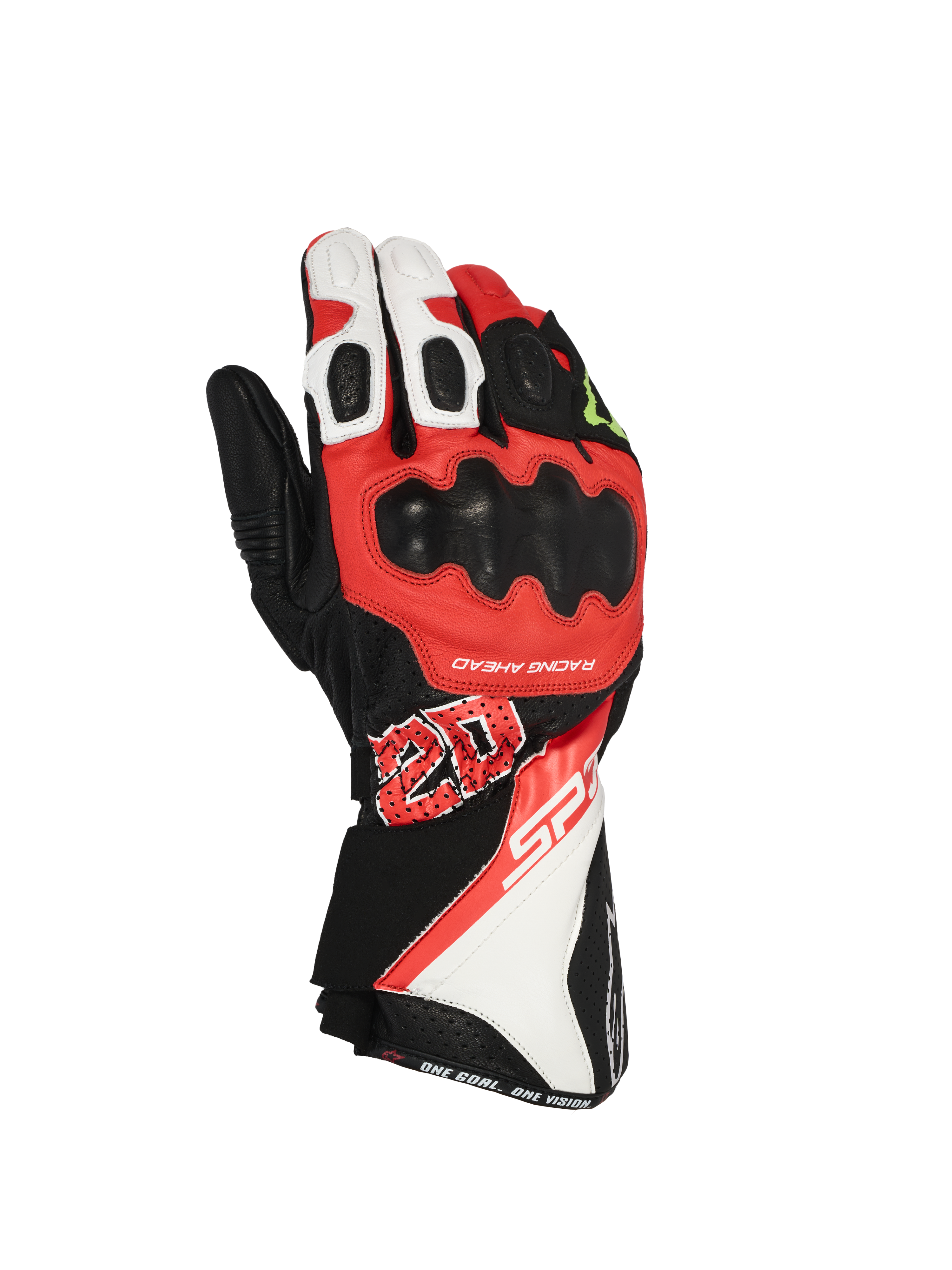 Alpinestars FQ20 SP-3 Monster Gloves, Motorcycle Racing Gloves, Black Red Fluo and White, featuring long cuff design, hard knuckle protection, prominent '20' graphic, and SP-3 branding, leather construction for sport and road riding
