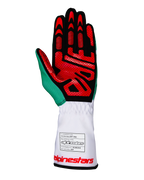 Alpinestars Tech-1 K V3 Gloves, Karting Gloves, White Green and Red, palm view featuring black synthetic suede with red silicone grip patterns, green thumb accent, white long cuff with FIA homologation label and red branding, professional racing gear