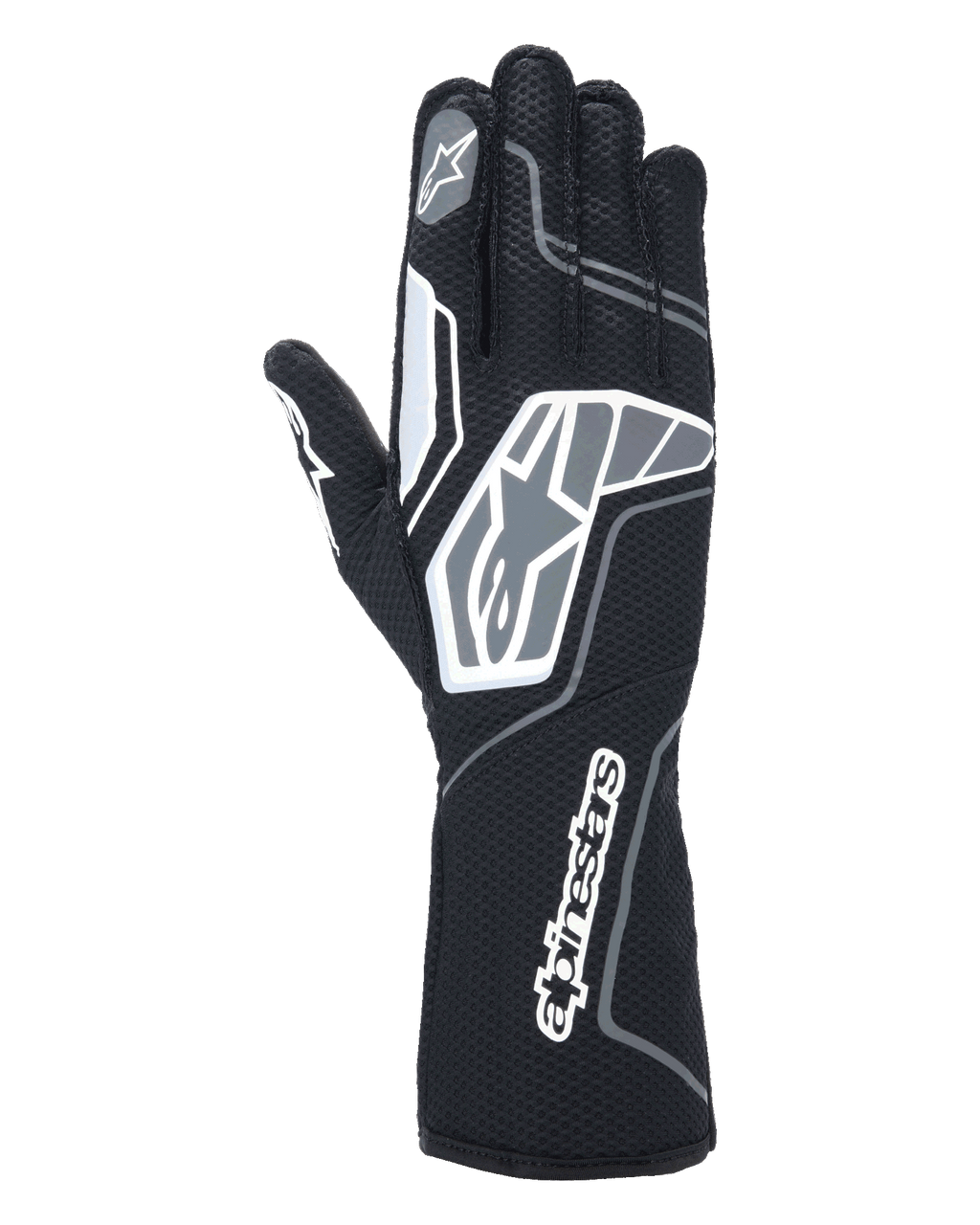 Alpinestars Tech-1 KX V4 Gloves, Karting Gloves, Black Anthracite, back view showing breathable dual-layer mesh, grey and white graphic details, prominent Alpinestars branding on the wrist and knuckles, specialized racing equipment