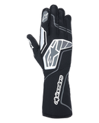 Alpinestars Tech-1 KX V4 Gloves, Karting Gloves, Black Anthracite, back view showing breathable dual-layer mesh, grey and white graphic details, prominent Alpinestars branding on the wrist and knuckles, specialized racing equipment