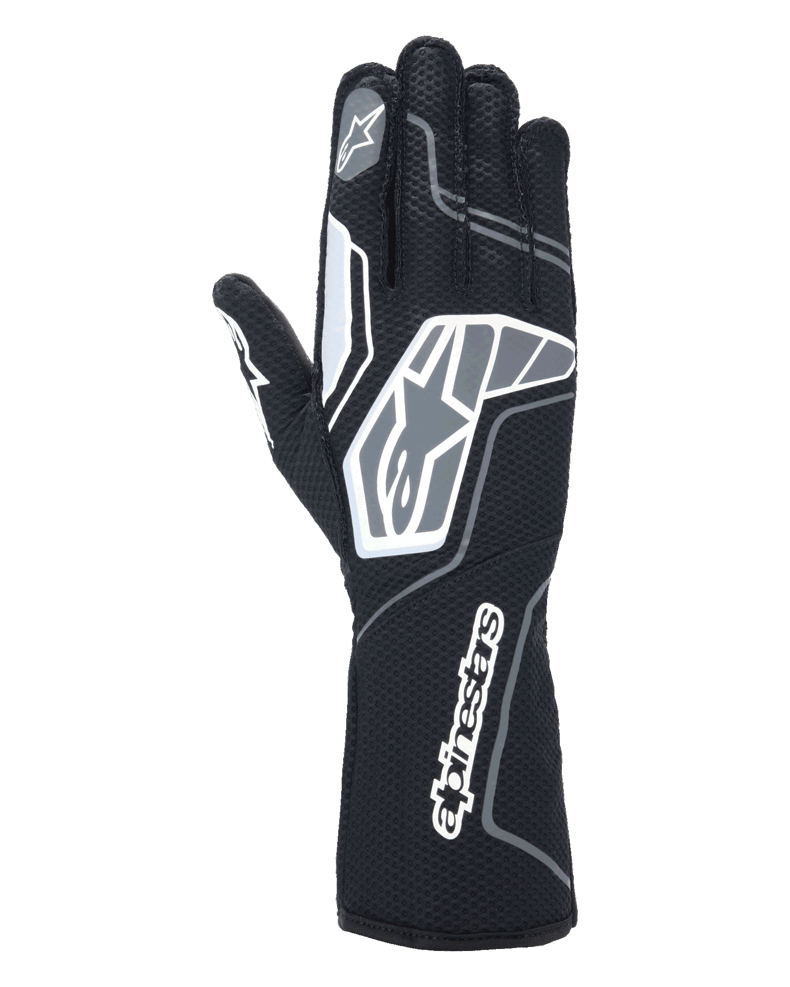 Alpinestars Tech-1 KX V4 Gloves, Karting Gloves, Black Anthracite, back view showing breathable dual-layer mesh, grey and white graphic details, prominent Alpinestars branding on the wrist and knuckles, specialized racing equipment