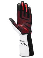 Alpinestars Tech-1 KX V4 Gloves, Karting Gloves, Black White and Red, palm view featuring red 3D silicone grip pattern, white wrist with black star logo, high-performance motorsport design