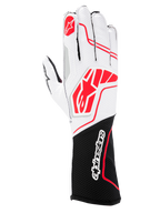 Alpinestars Tech-1 KX V4 Gloves, Karting Gloves, Black White Red, featuring a breathable white mesh upper with red Alpinestars logos and a black wrist cuff with white wordmark branding.