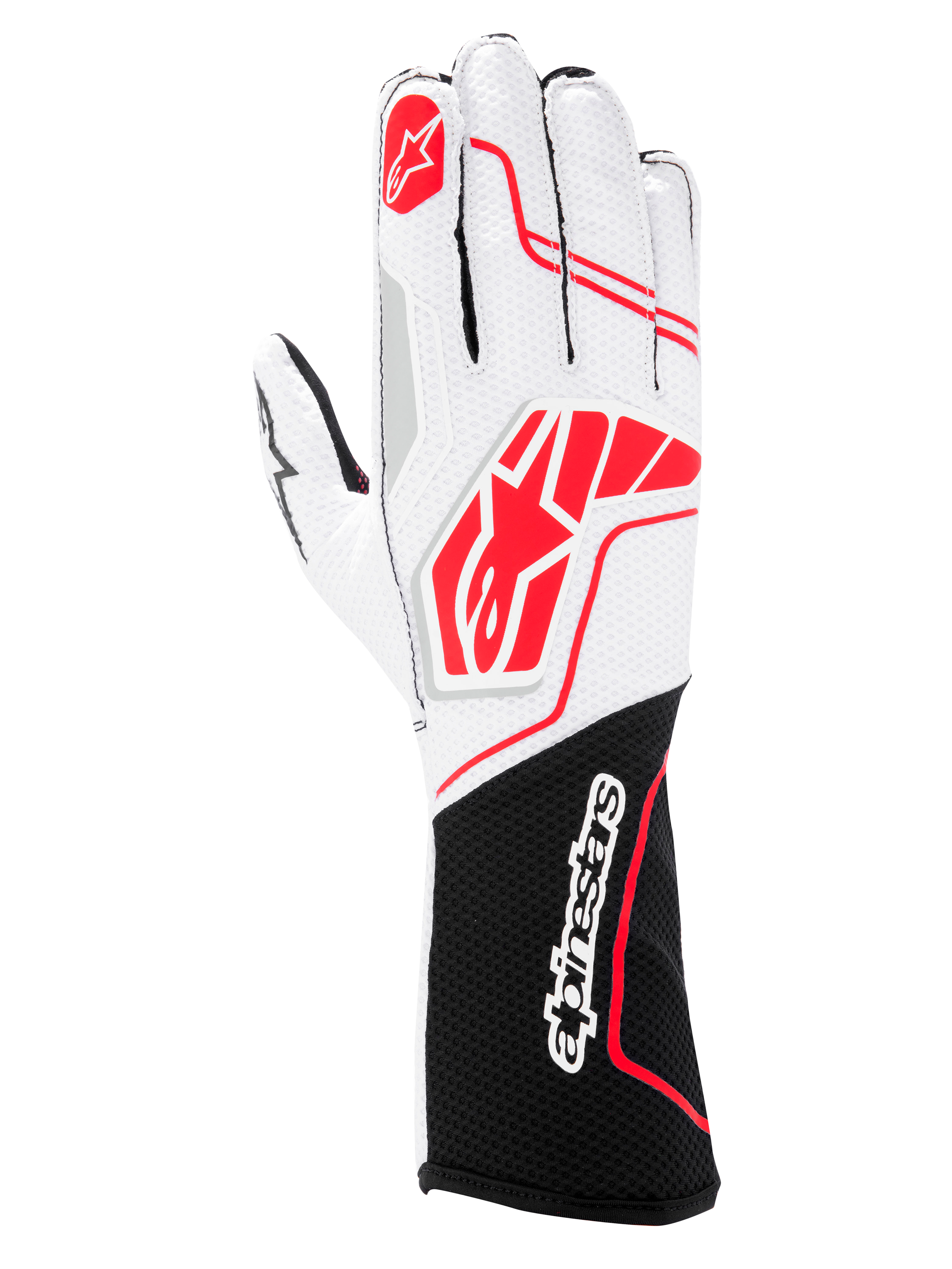 Alpinestars Tech-1 KX V4 Gloves, Karting Gloves, Black White Red, featuring a breathable white mesh upper with red Alpinestars logos and a black wrist cuff with white wordmark branding.