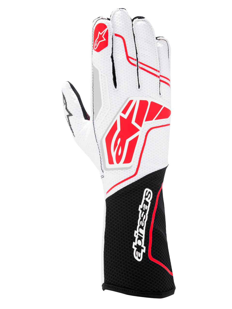 Alpinestars Tech-1 KX V4 Gloves, Karting Gloves, Black White Red, featuring a breathable white mesh upper with red Alpinestars logos and a black wrist cuff with white wordmark branding.