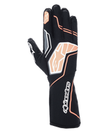 Alpinestars Tech-1 KX V4 Gloves, Karting Gloves, Black and Fluorescent Orange, showing breathable mesh construction, orange and white graphic details, Alpinestars logo on knuckles and cuff, professional racing design